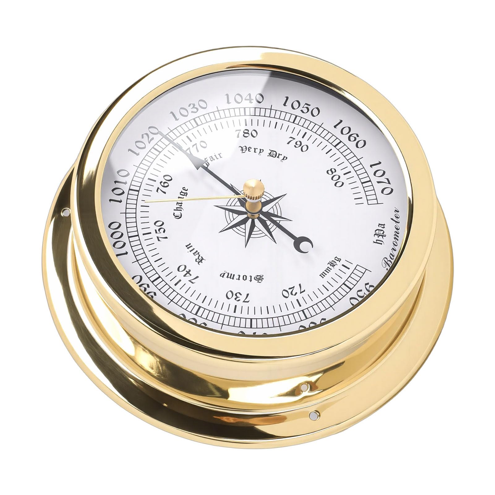 Aramox Barometro Marino, Barometro per Barche in Ottone con Quadrante Bianco da 4,7 Pollici, Misurazione della Pressione dell'Aria da 950 a 1070 HPa, Strumento Meteorologico Nautico di Facile