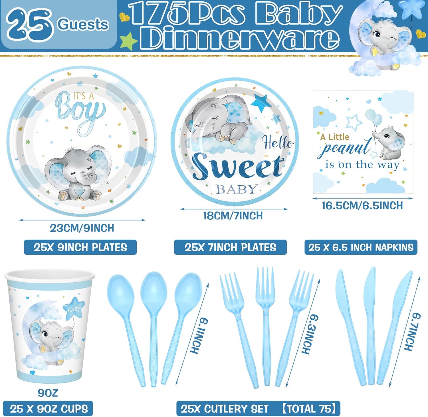 Sliner 175 Pcs Baby Boy Shower Decorations Plates Set for 25 Guests, Blue Elephant Theme Baby Shower Paper Plates Napkins Cups and Utensils Tableware Set It's a Boy Themed Birthday Party Supplies