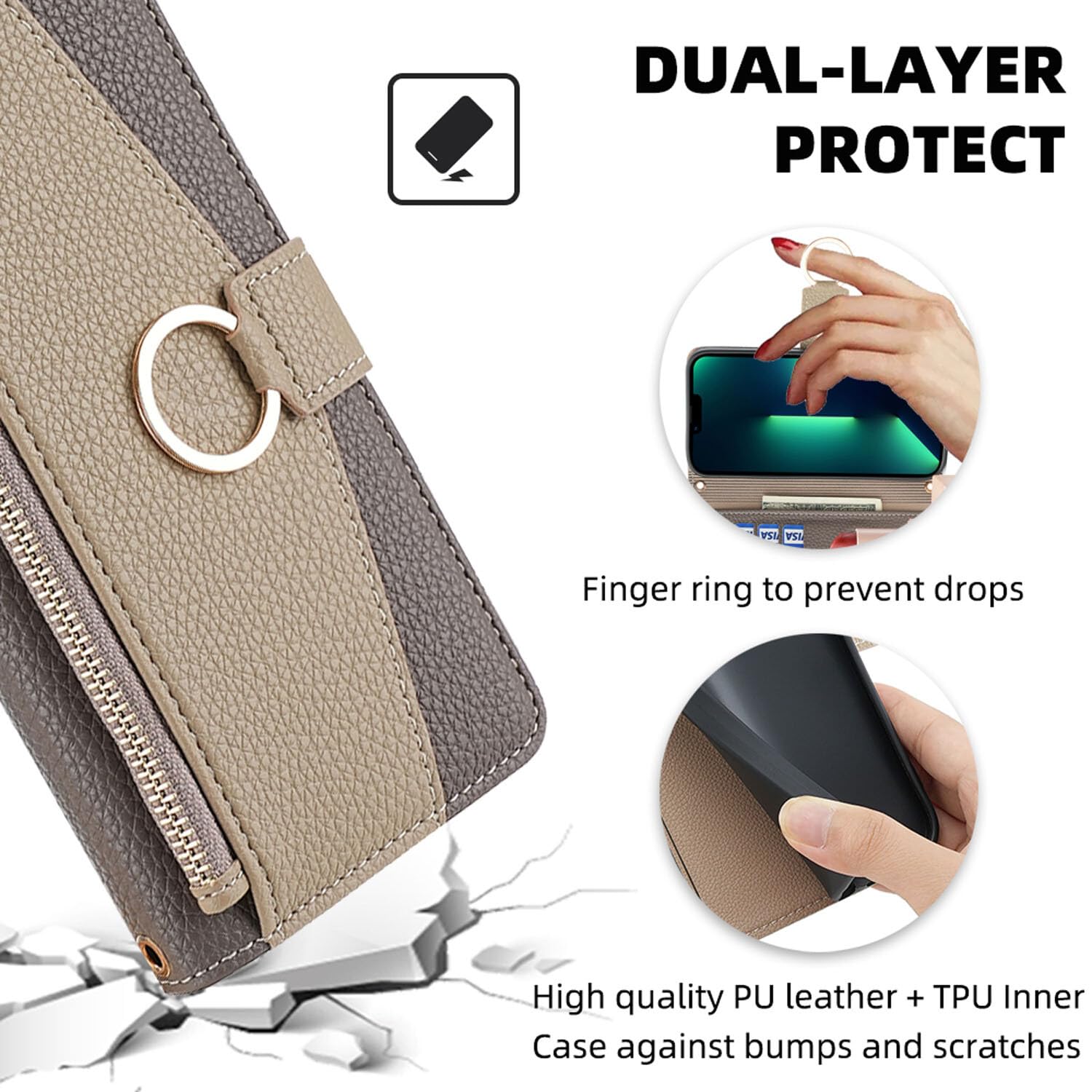 Generic - Funda compatible con Samsung Galaxy A33 5G (color verde) con correa de cadena con cremallera y billetera de piel con tapa trasera y espejo