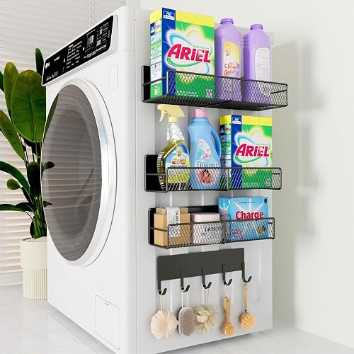 4 Pack Magnetic Shelves for Washing Machine, Heavy-Duty Magnetic Laundry Organizer with Hooks, Washing Machine Shelf for Refrigerator, Metal Storage Baskets, Closet &amp; Laundry Room Organization(Black)
