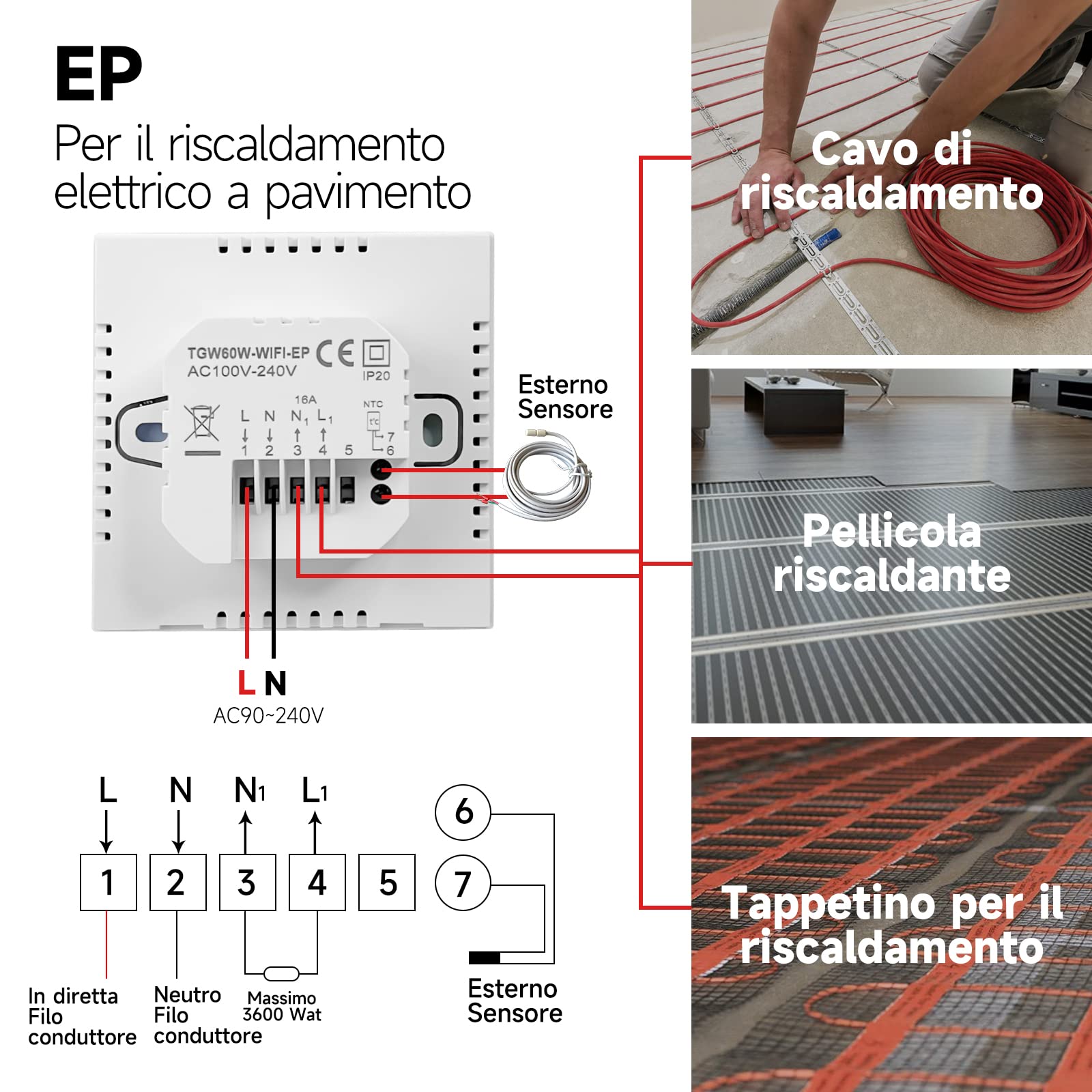 Beok Tuya Termostato WiFi, Programmabile Intelligente, Termostato Ambiente Riscaldamento Elettrico 16A con Linea di Rilevamento Esterna, Touch Screen LCD, TGW60W-WIFI-EP Bianco
