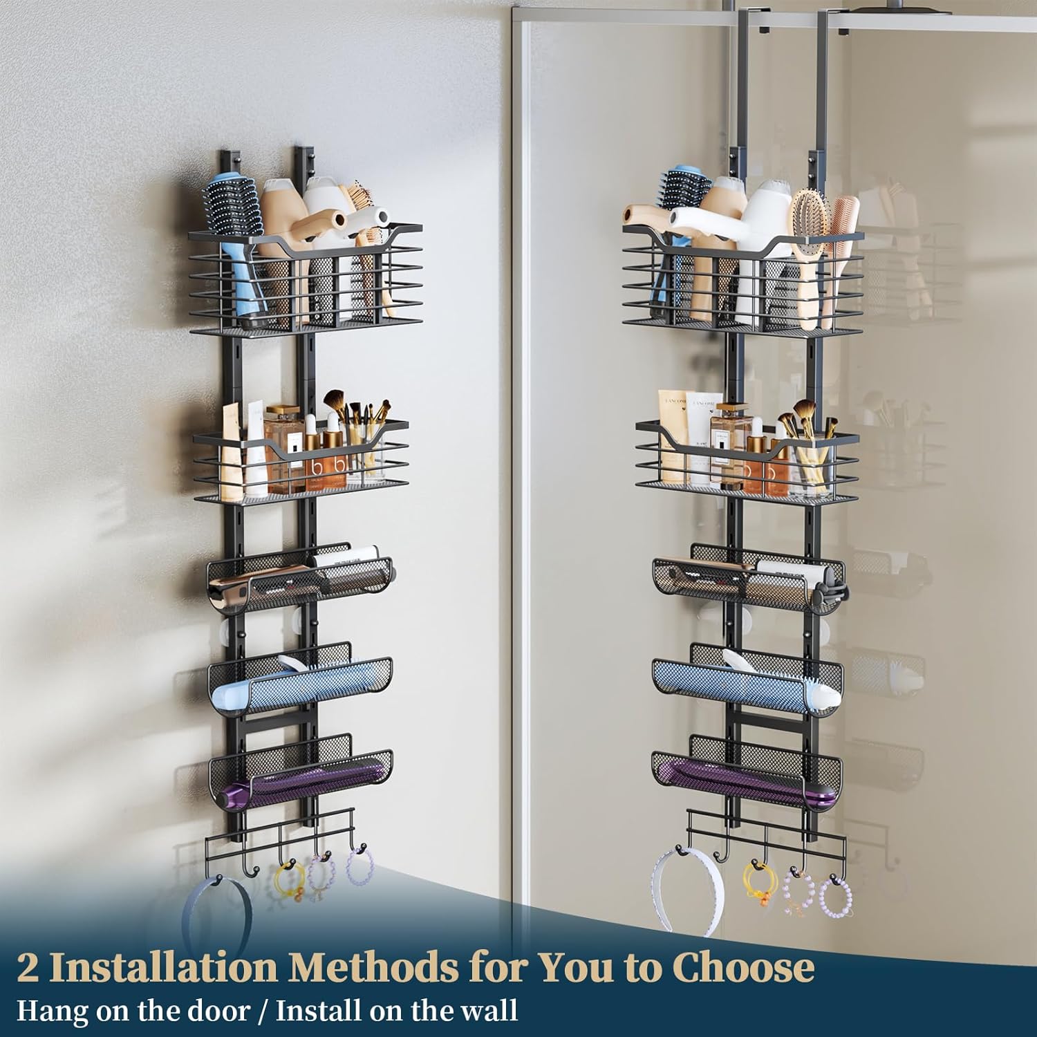 Consumest 6-Tier Hair Tool Organizer - Hair Dryer Holder Over The Door/Wall Mounted DIY Adjustable Shelf Bathroom Door Organizer with Hook for Curling Iron/Blow Dryer/Straightener Black