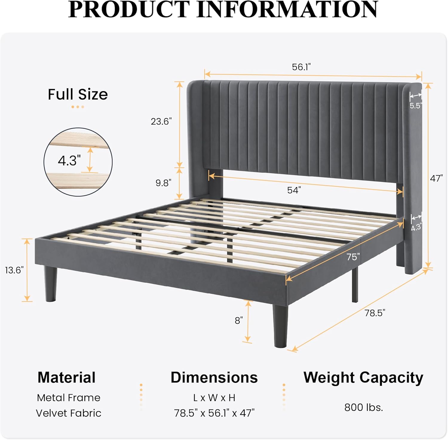 SHA CERLIN Full Size Velvet Bed Frame with Vertical Channel