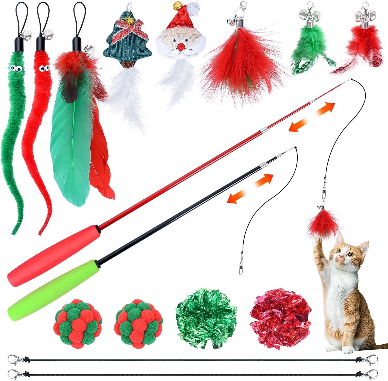Christmas Cat Toys – 16 PCS Interactive Wand Toy for Indoor Cats, 2 Retractable Wands, 8 Replacement Teasers, 4 Scratching Balls, Feather Toy for Play Chase Exercise With Kitten