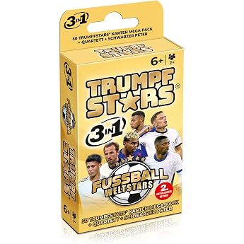 TRUMPFSTARS Football World Stars Card Game 3 in 1 - Trump Quartet Black Peter - 50 Cards Mega Pack - Football Stars Cards Gam