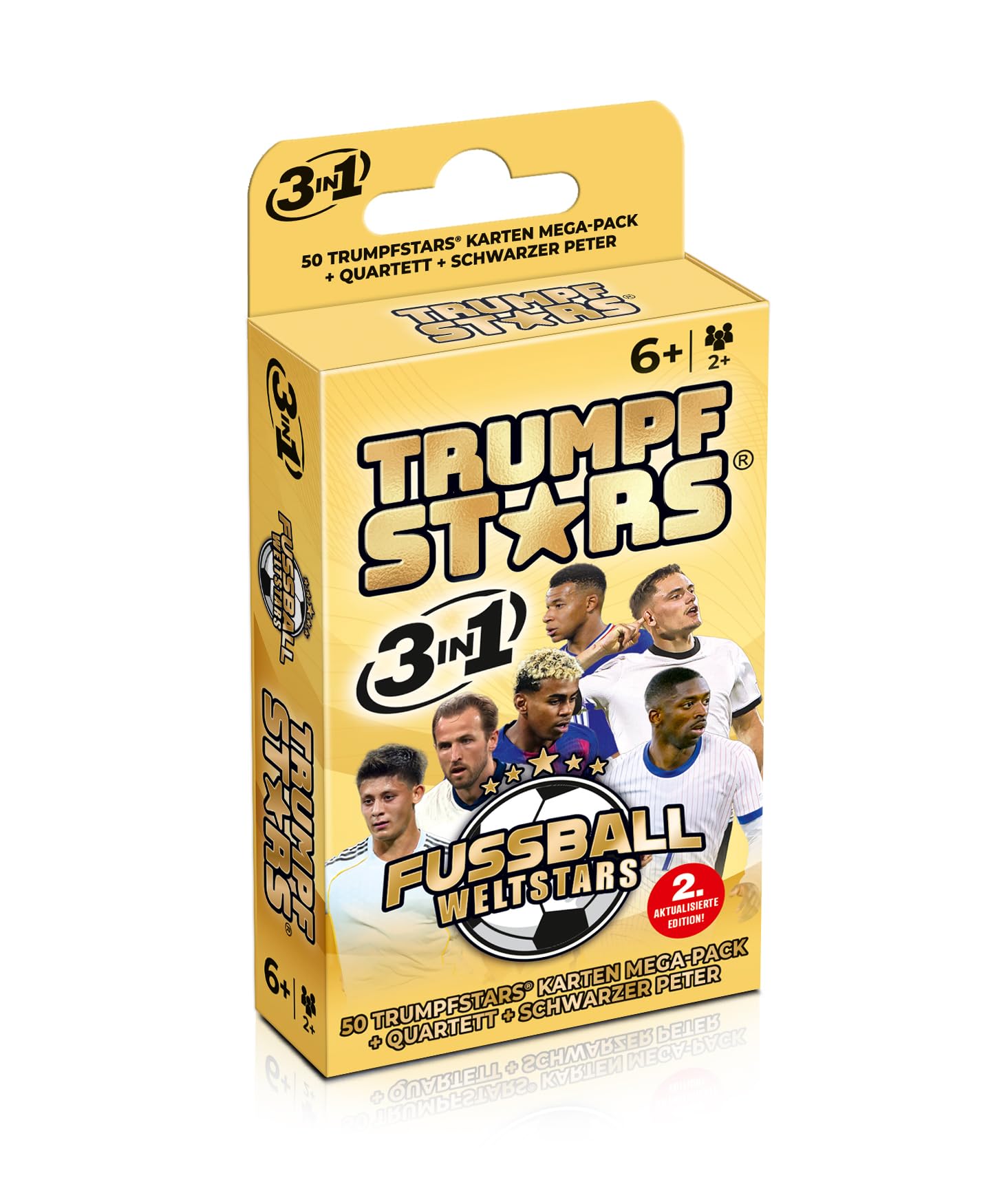 TRUMPFSTARS Fußball Weltstars Kartenspiel 3 in 1 – Trumpf Quartett Schwarzer Peter – 50 Karten Mega Pack – Fußball Stars Karten Spiel ab 6 Jahre – für 2 oder mehr Spieler – plastikfreie Verpackung