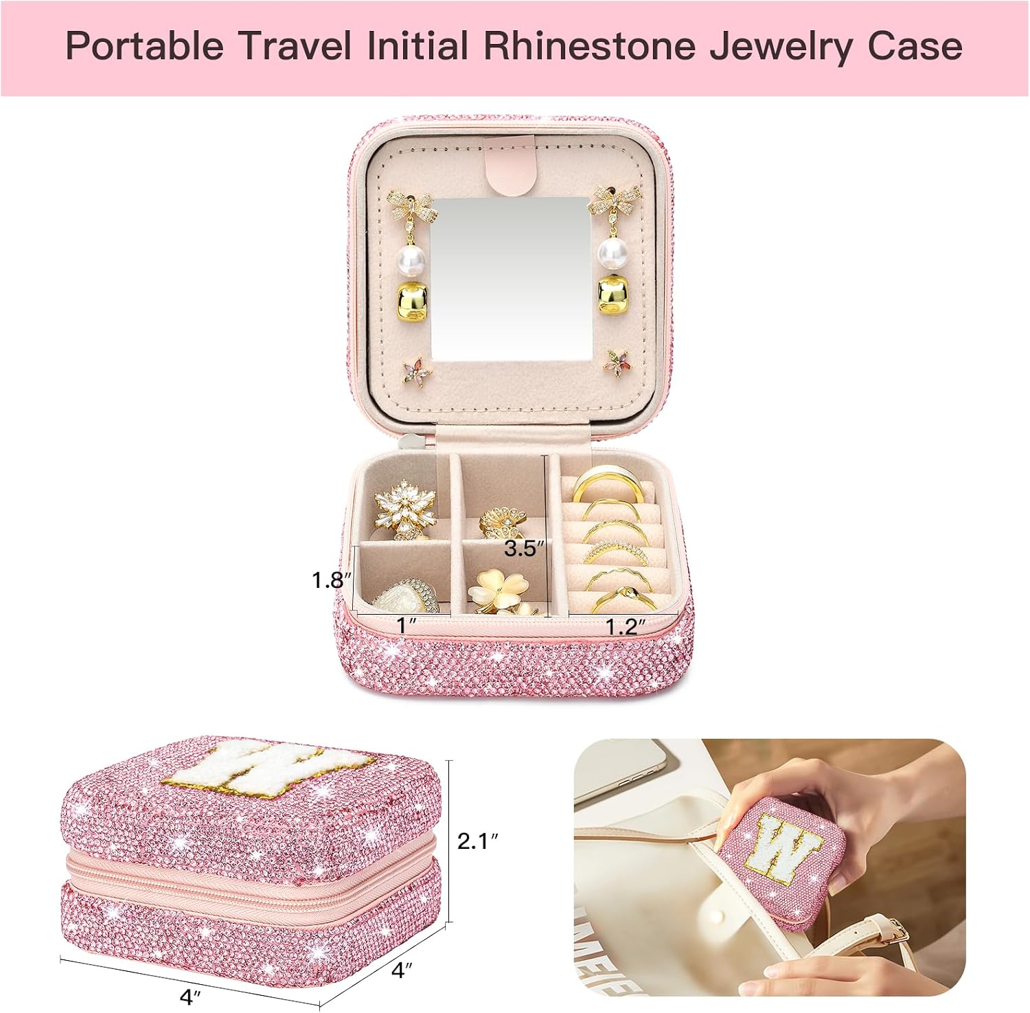 Soleebee Bling Crystal Travel Jewelry Case, W Initial Jewelry Box for Women Girls, Portable Small Jewelry Organizer Travel Essentials for Necklace Earrings Rings - Letter W, Pink image 2