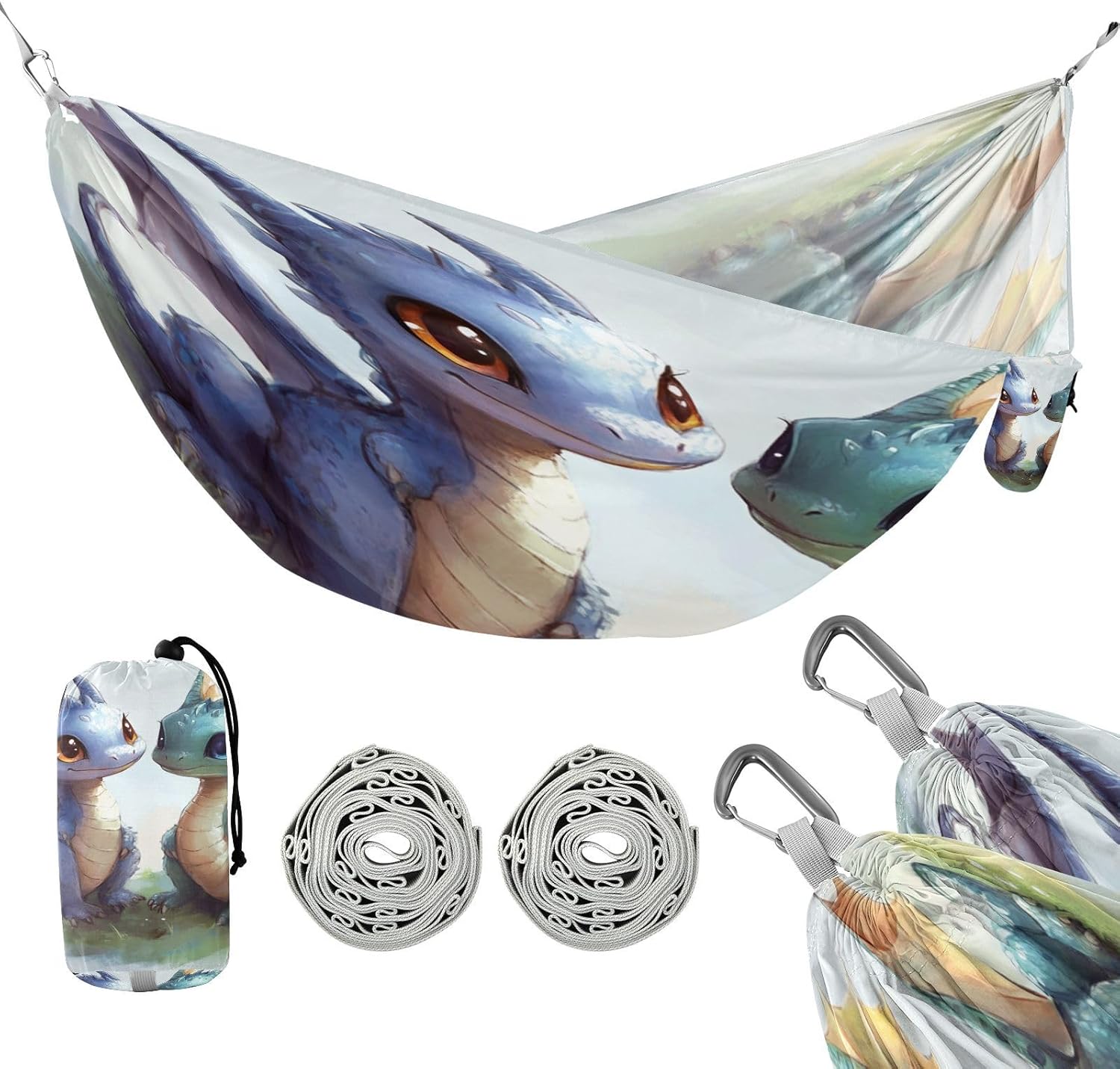 ALAZA Cute Dragons Cartoon Camping Hammocks Single or 2 Person 500 lbs Portable Parachute Travel Hammock w/Tree Straps for Hiking Backpacking Indoor Outdoor