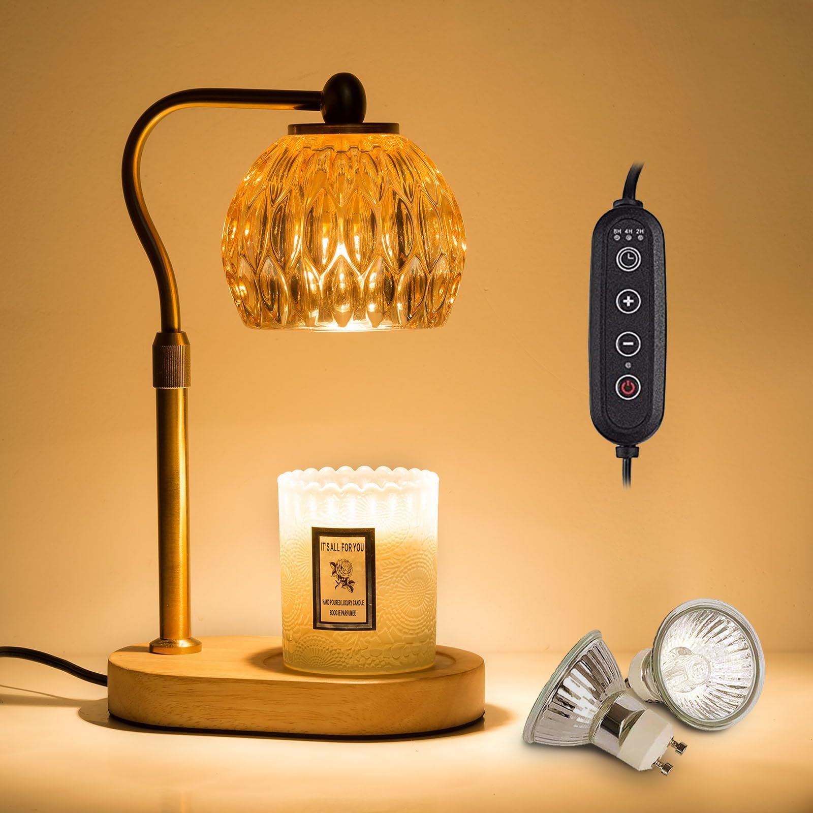 RomadediCandle Warmer Lamp with Timer: for Scented Candle Jar Gift for Women Fragrance Vintage Gold Home Decor Adjustable Height Dimmable Light Electric Melter with 2 Bulbs