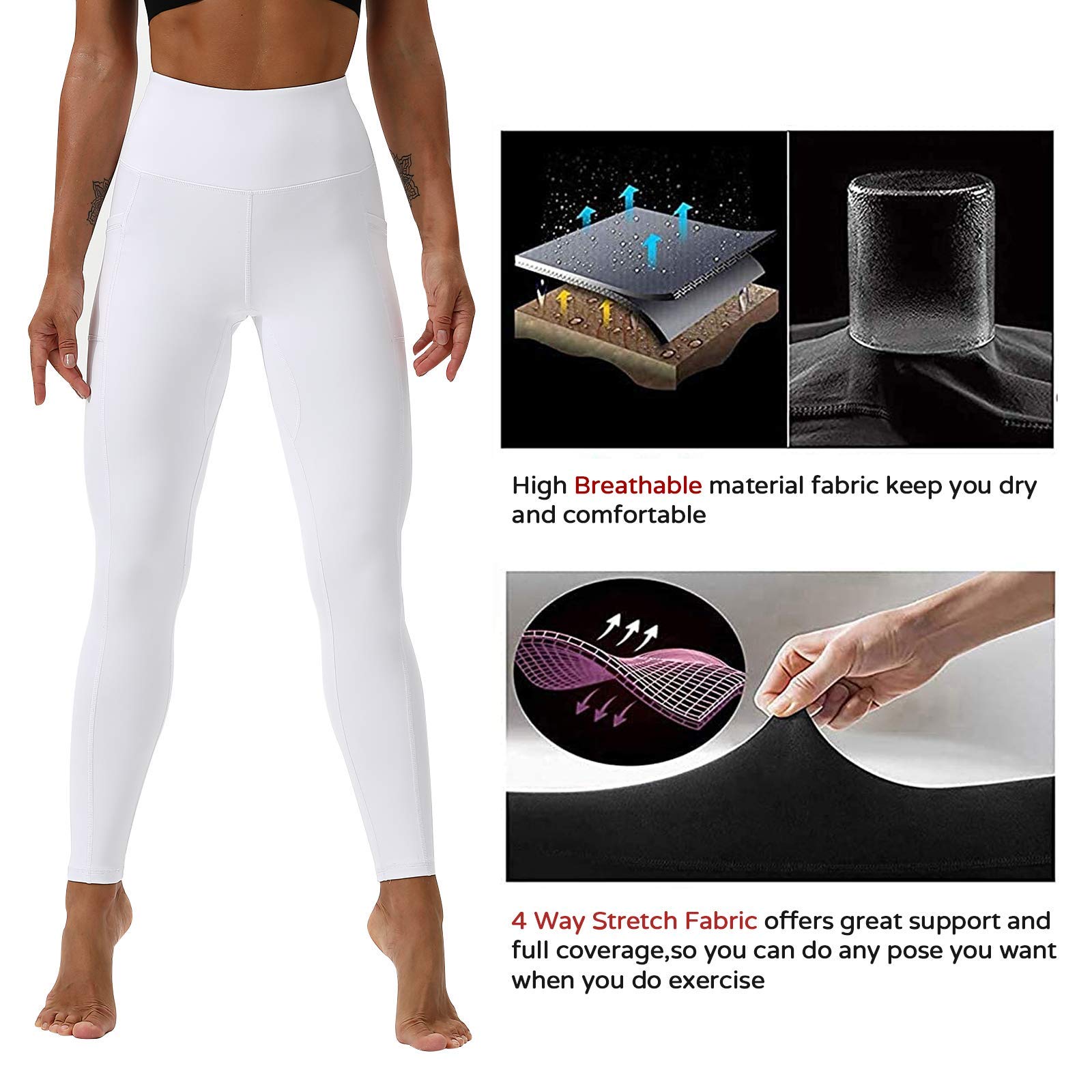 Leggings de entrenamiento para mujer, leggings de cintura alta, pantalones de yoga suaves de 7/8 de longitud con bolsillos, Blanco 5