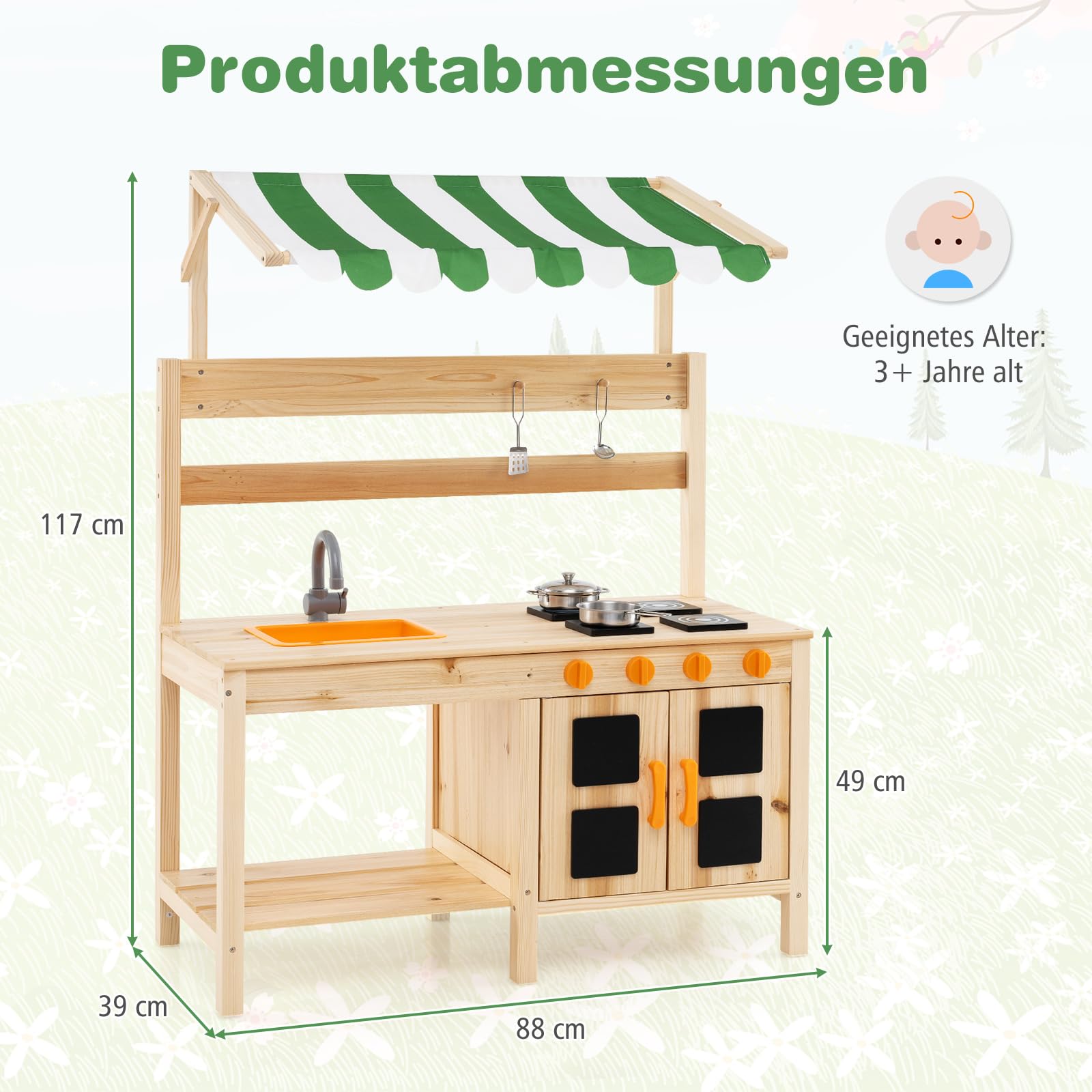 DREAMADE Matschküche Kinder Outdoor, Outdoorküche mit 4 Herd & Waschbecken & Tafel, Gartenküche, Outdoor Küche Kinderküche aus Tannenholz mit Zubehör für Kinder ab 3 Jahren