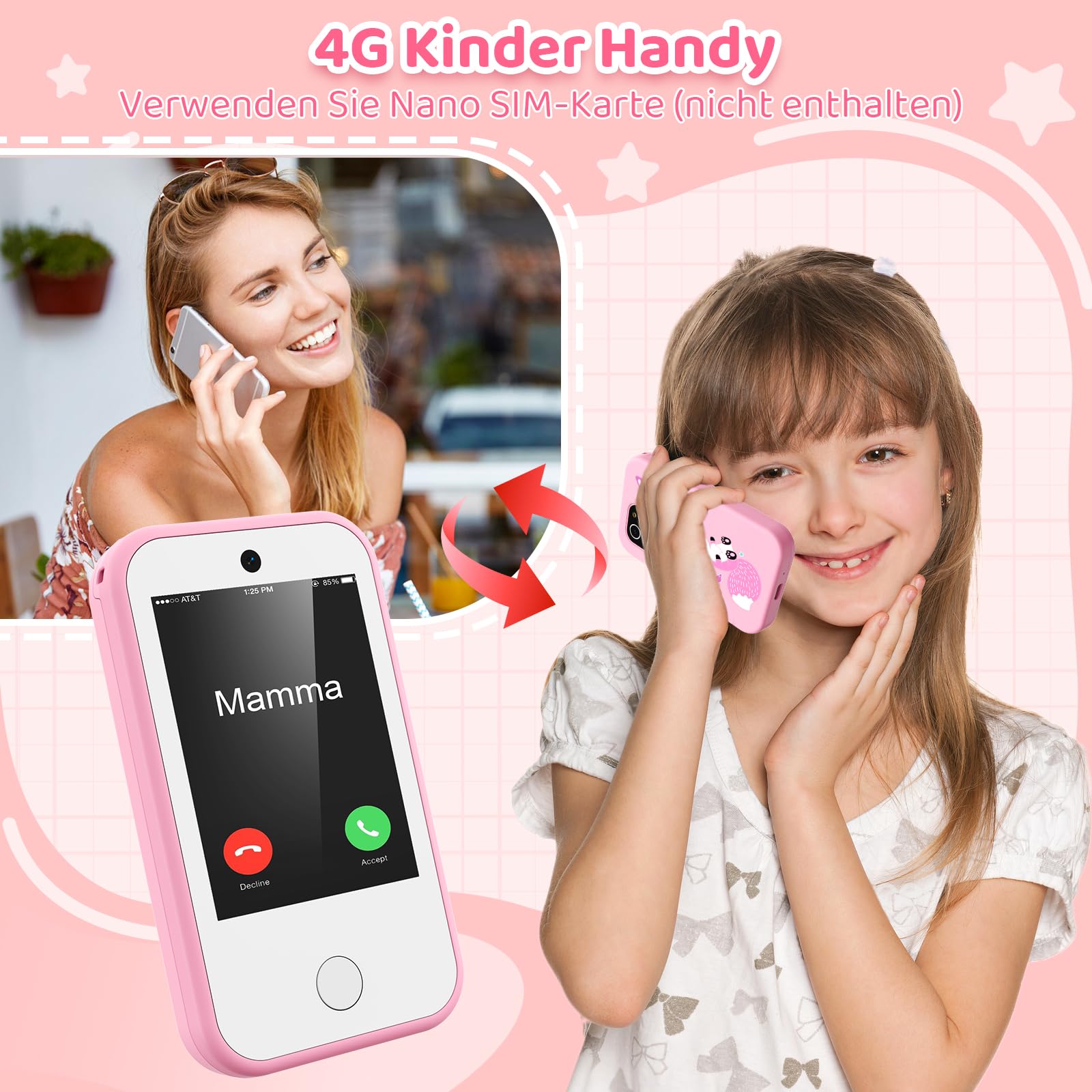 4G Kinderhandy Spielzeug mit Dual Kamera Kinderkamera 2.8 Inch Touchscreen Kindertelefon Lerntelefon Lernspielzeug Jungen Mädchen 3 4 5 6 7 8 9 Jahre Geburtstags Geschenke Fuchs Rosa