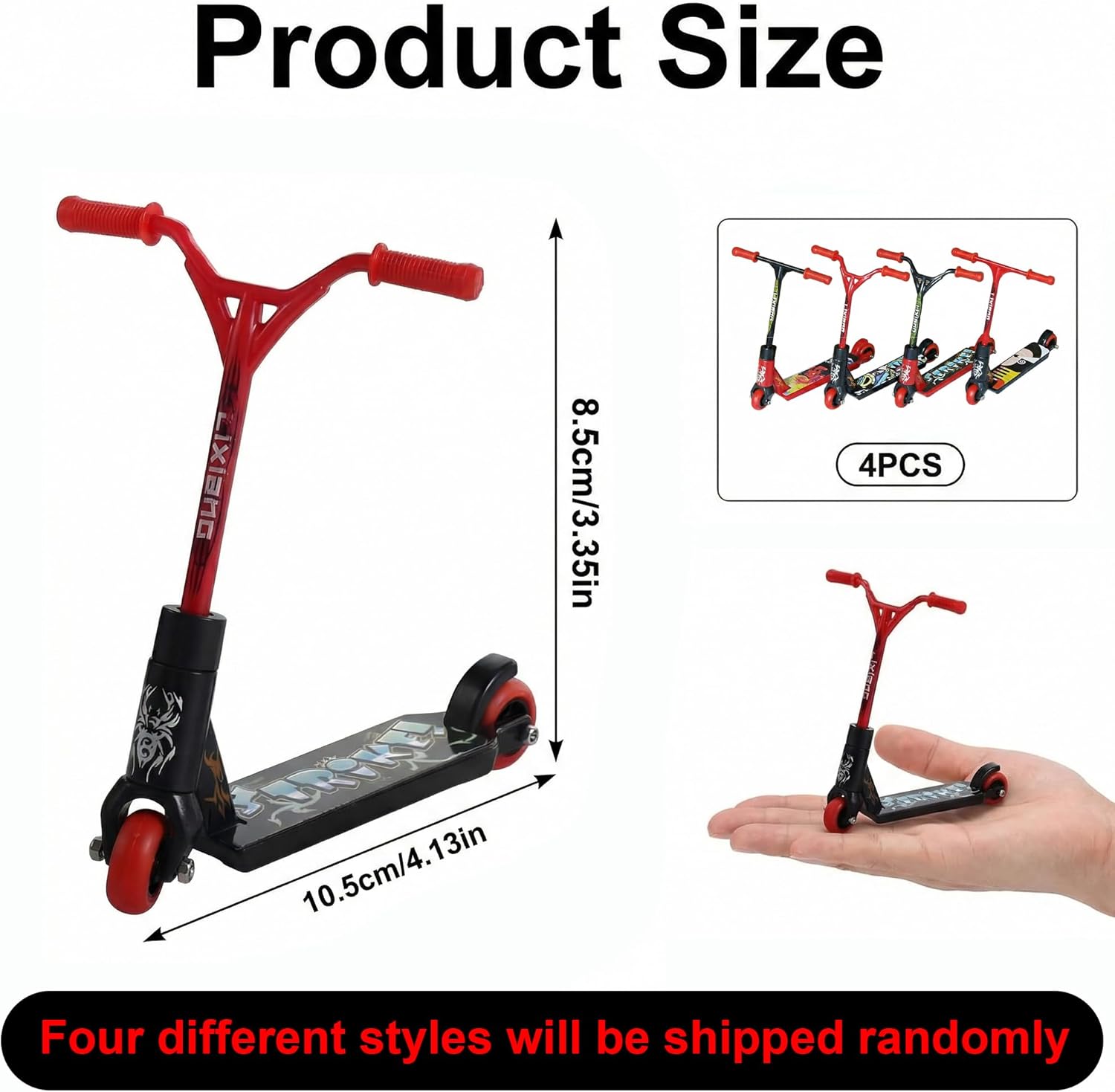 Finger Scooter, 4-Piece Mini Scooter Skateboard, Finger Scooter Toy Set, 8.5 x 10.5 cm, Random Colour Style, with Fingertip Movement & Training Props
