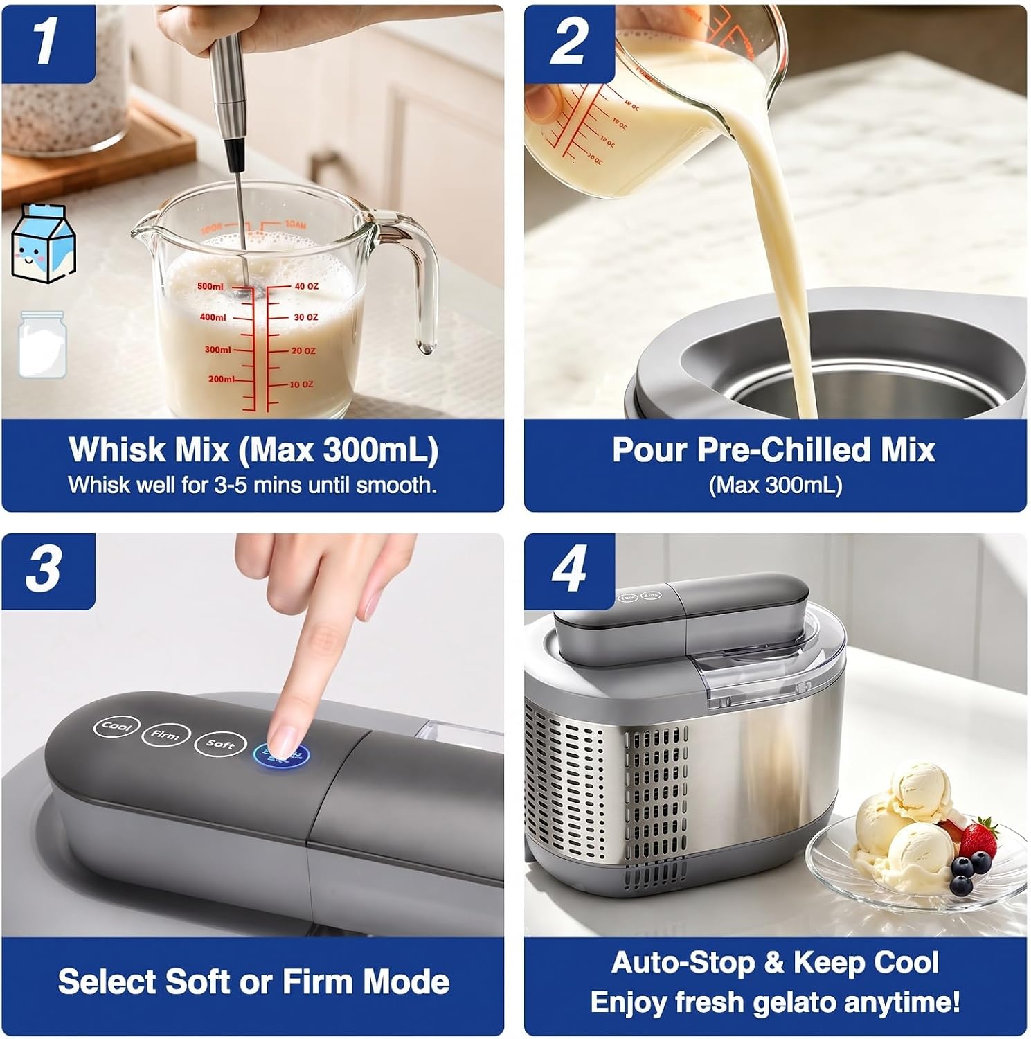 Self-Cooling Ice Cream & Sorbet Maker Machine, 1.2 Pints (600ml) | No pre-freezing needed, Soft and firm modes, 6-hour keep cool, Seamless handle-free design