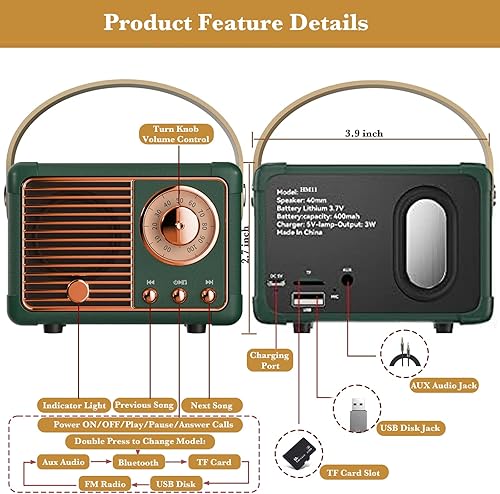 Miniatura 8 de Altavoz Bluetooth retro, mini altavoces portátiles inalámbricos compatibles con tarjeta USBTFAUX, altavoz Bluetooth de radio vintage para cocina,