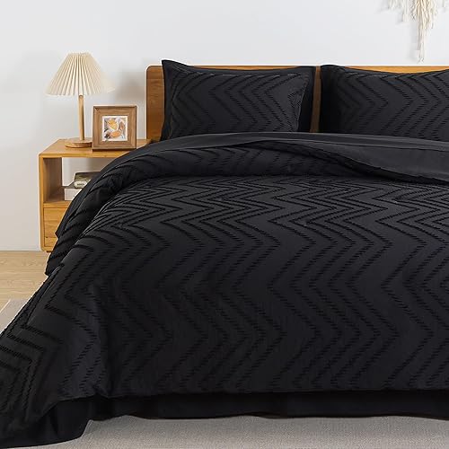 Miniatura 3 de Litanika Juego de edredón negro tamaño Queen con sábanas, 7 piezas de cama en una bolsa, juego completo de ropa de cama con edredón, sábanas, fundas