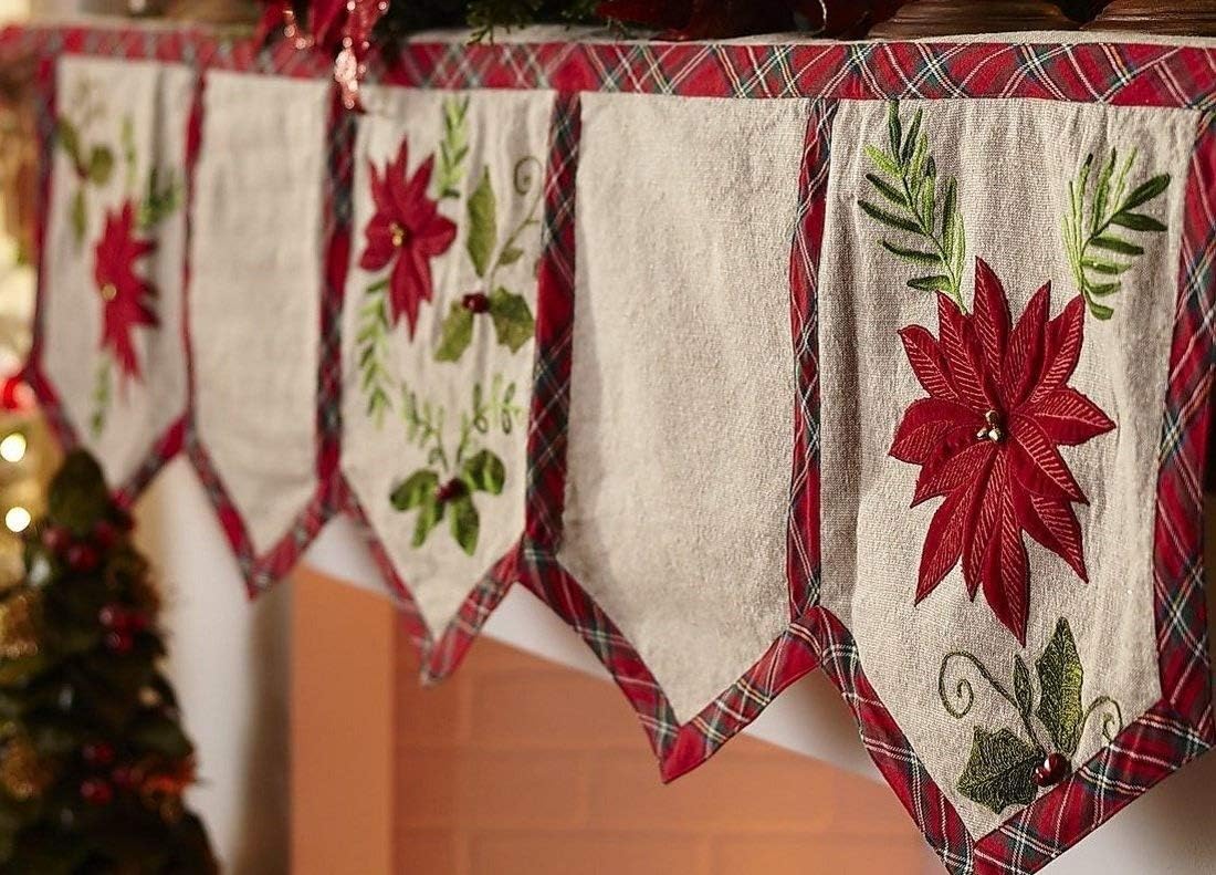 Pier 1 Natural Christmas Mantel Scarf with Poinsettia Applique and Plaid Trim