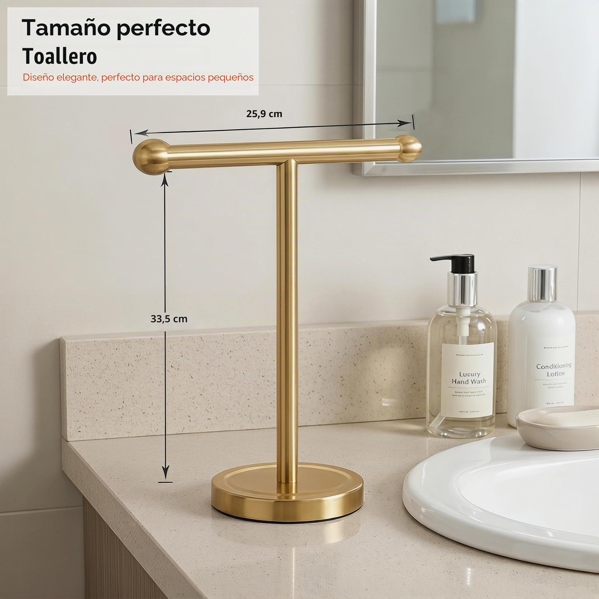 Soporte Dorado para Toallas de Mano con Base de Acero Inoxidable Pesado, toallero en Forma de T, Soporte de Toalla Independiente para encimera de baño (Oro Cepillado)