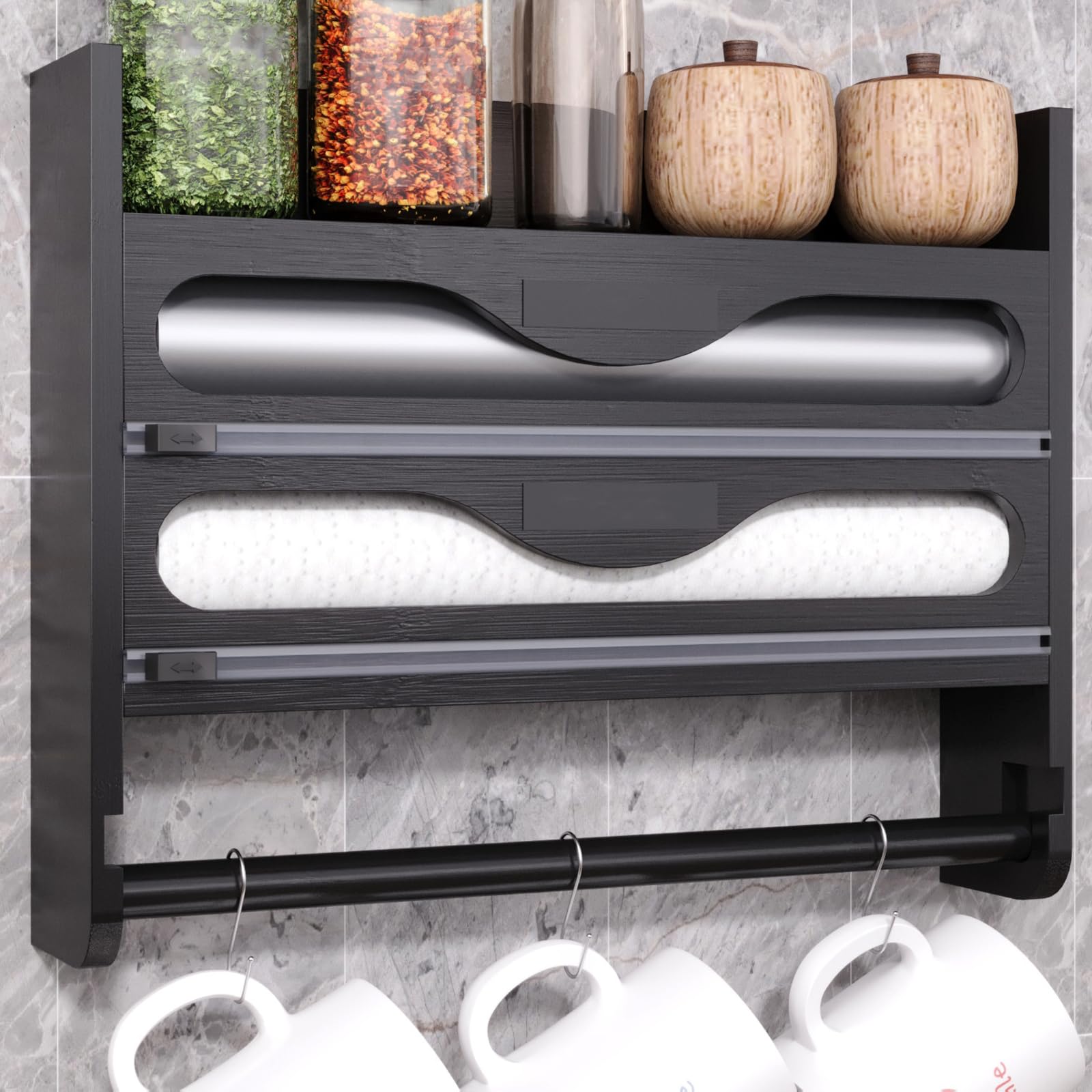 Dispensador organizador de papel de aluminio – Soporte para toallas de papel de cocina de bambú montado en la pared con cortador de película adhesiva para un fácil almacenamiento y organización de la