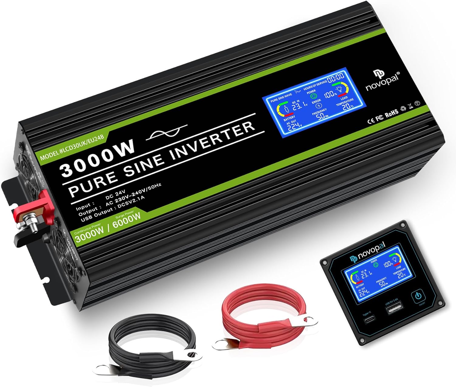 NOVOPAL DLCD3000PEU24 Pure Sine Wave Inverter with remote control and cables