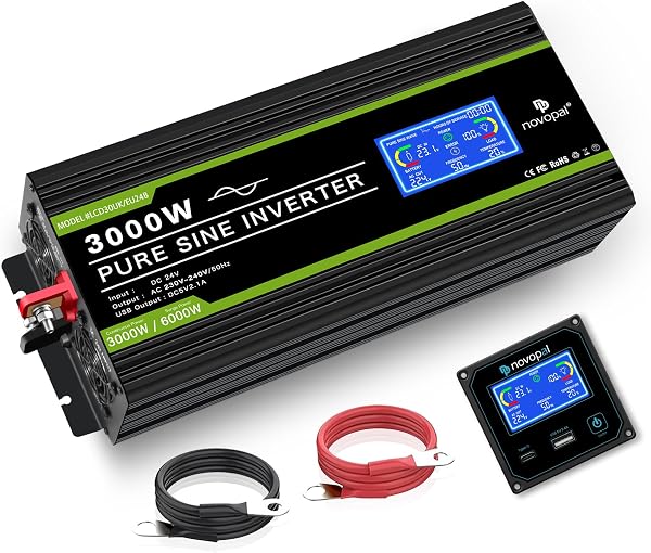 NOVOPAL Convertisseur Pur Sinus 3000W- Onduleur Convertisseur 24V 220V 230V avec télécommande et Dual AC Prises et écran LCD,pour Voiture, Caravane, Bateau, Camping, Voyage - 1