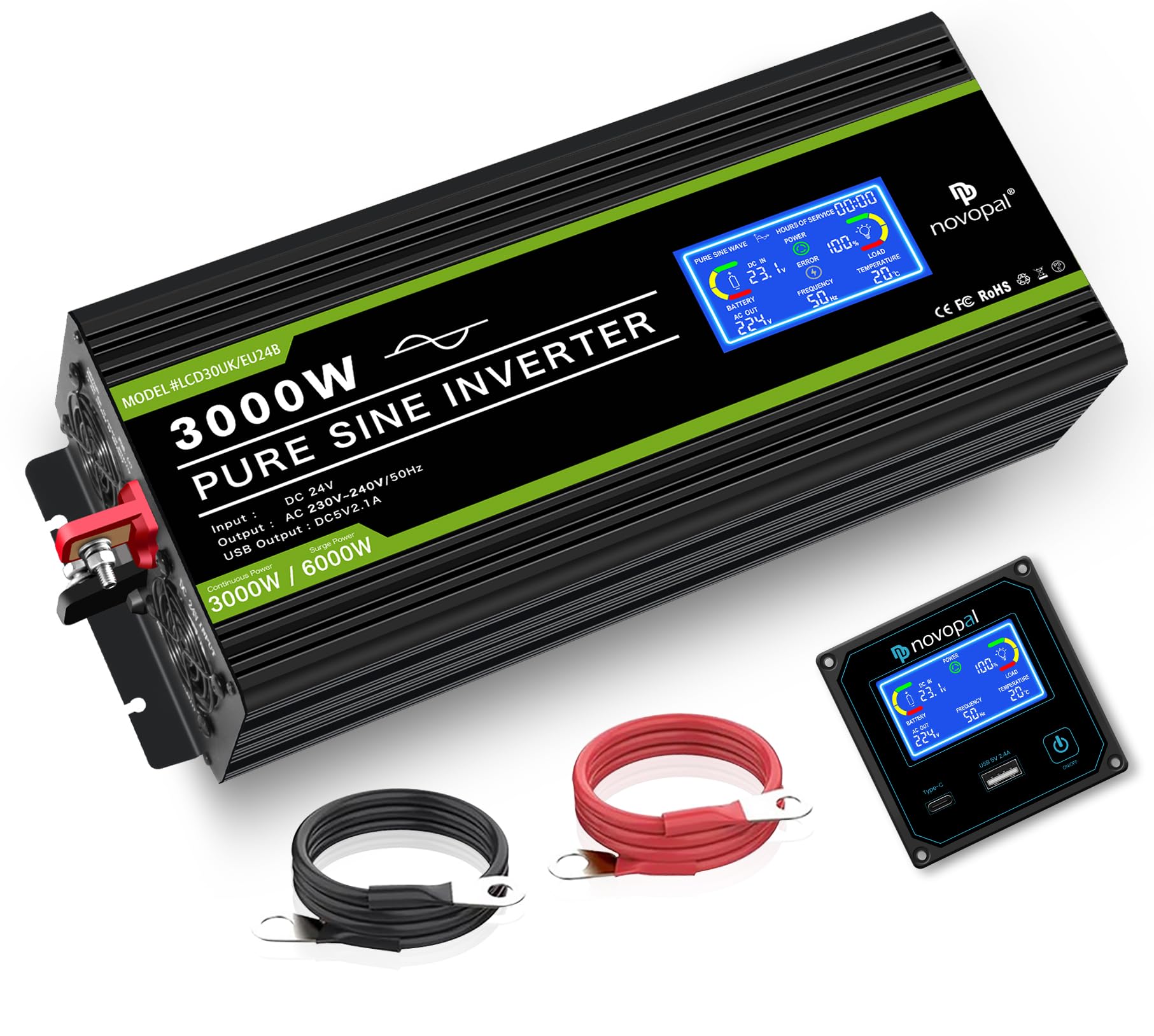 NOVOPAL Convertisseur Pur Sinus 3000W- Onduleur Convertisseur 24V 220V 230V avec télécommande et Dual AC Prises et écran LCD,pour Voiture, Caravane, Bateau, Camping, Voyage
