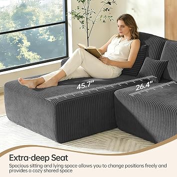 DURASPACE Cloud Modular Sectional Boneless Couches for Living Room, Corduroy U Shaped Sectional Sofa with Deep Seat, Oversized Minimalist Memory Foam Floor Couch, No Assembly Required (Gray)