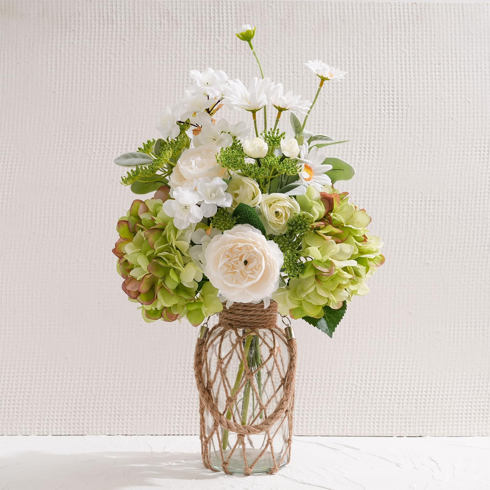 SUNNY BROOK Artificial Flowers in Clear Vase, Spring Fake Hydrangea & Dusty Miller Bouquet with Pot, Spring Faux Floral Arrangement for Home Spring Décor Dining Coffee Table Centerpiece Decor, White