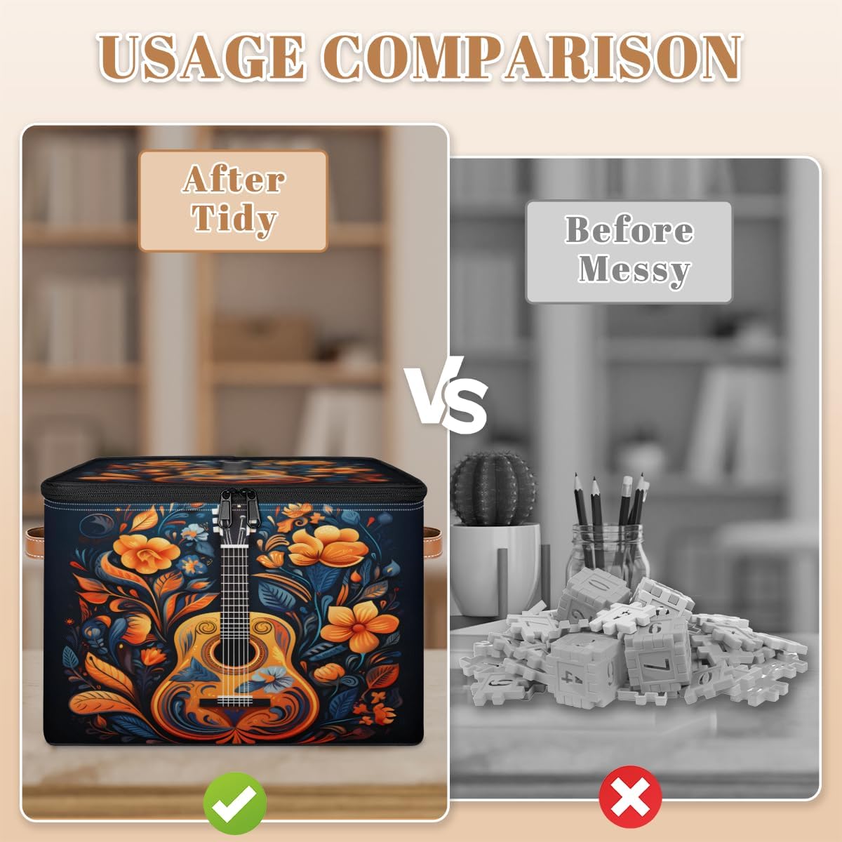 Storage Bin Set of 2 Ethnic Guitar Storage Basket with Zipper Lid & Handle Foldable Closet Shelf 2 Pack Cloth Organizer Basket Cube Bins Clothes Organizer for Bedroom, Nursery