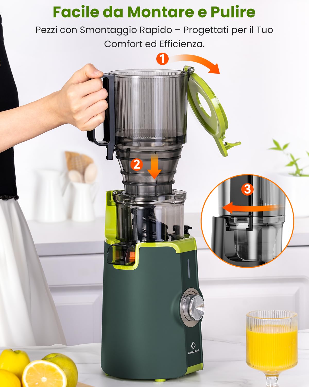 LINKChef Estrattore di Succo a Freddo | 200W Estrattore Frutta e Verdura Intera | Bocca Larga da 115mm | Con Ricettario Incluso | Senza BPA | Facile da Pulire con Funzione Inversa | Verde