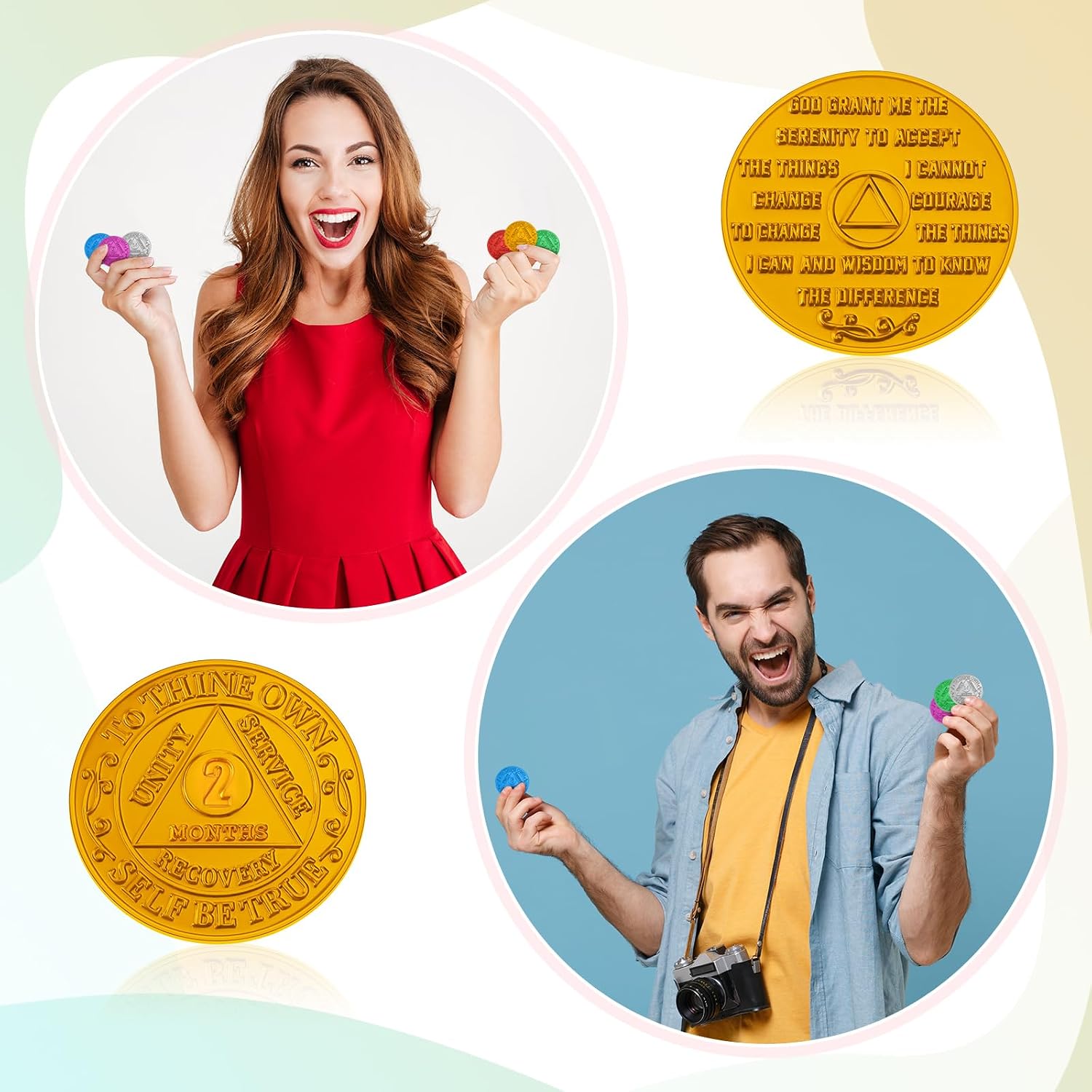 Siifert 60 Pcs Recovery AA Chips and Medallions Bulk Sobriety Chip AA Tokens Medallion Aluminum Include 1 2 3 6 9 Month and 24 Hour Commemorative Lot Colored (Stylish,Multi-Color)