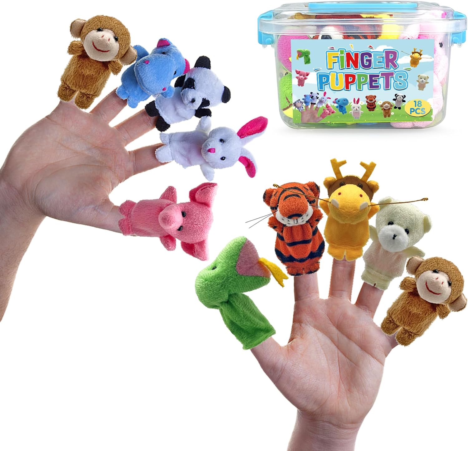 18PCS Plush Finger Puppets Set Colorful Mini Stuffed Jungle Animals Puppets for Storytelling Teaching Gifts Easter Egg Stuffers Baby Shower Birthday Party Decorations