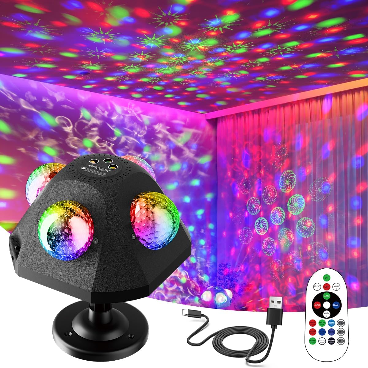 Party Lights 4 Disco Balls in 1 Strobe Light for Parties, Dj Stage Lights Indoor Outdoor Decor Sound Activated with Remote Control Disco Light for KTV Club Party Home Karaoke