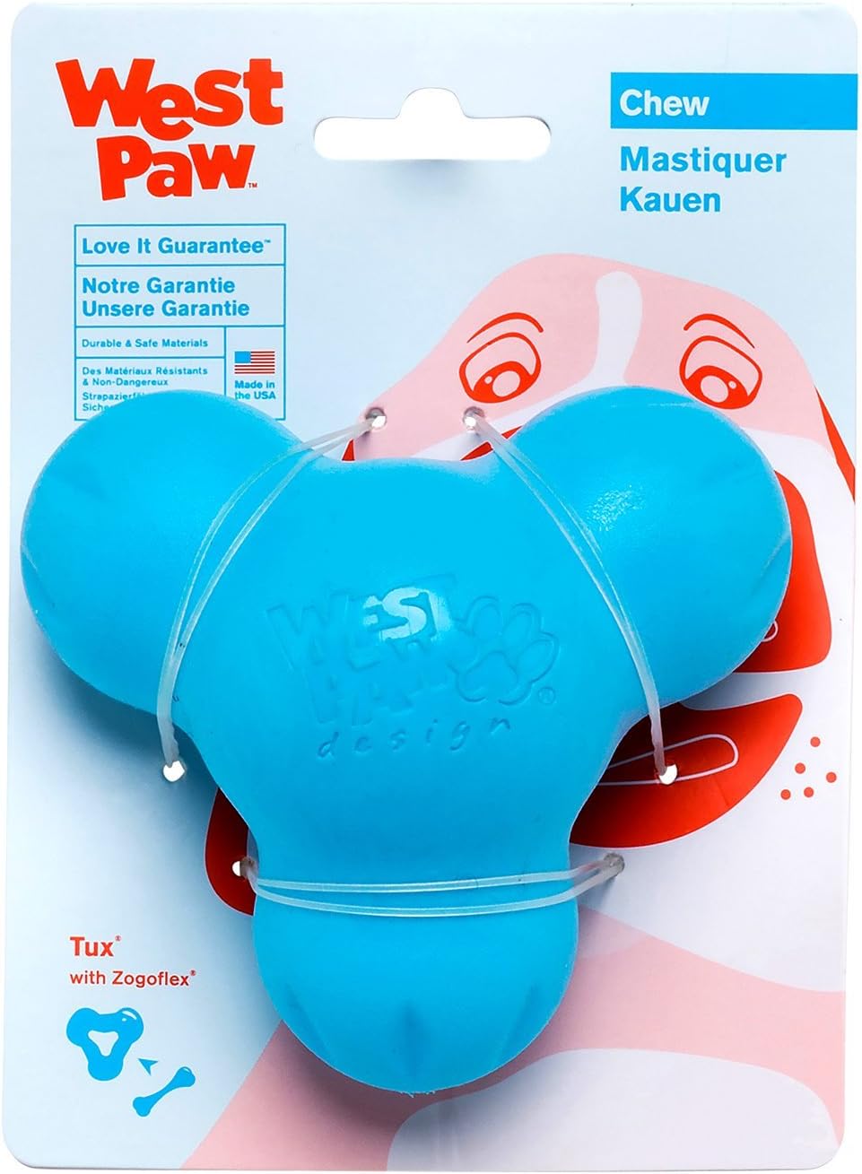 West Paw Zogoflex Tux Treat Dispensing Dog Chew Toy – Interactive Chewing Toy for Dogs – Dog Enrichment Toy – Dog Games for Aggressive Chewers, Fetch, Catch – Holds Kibble, Treats, Large 5", Aqua Blue