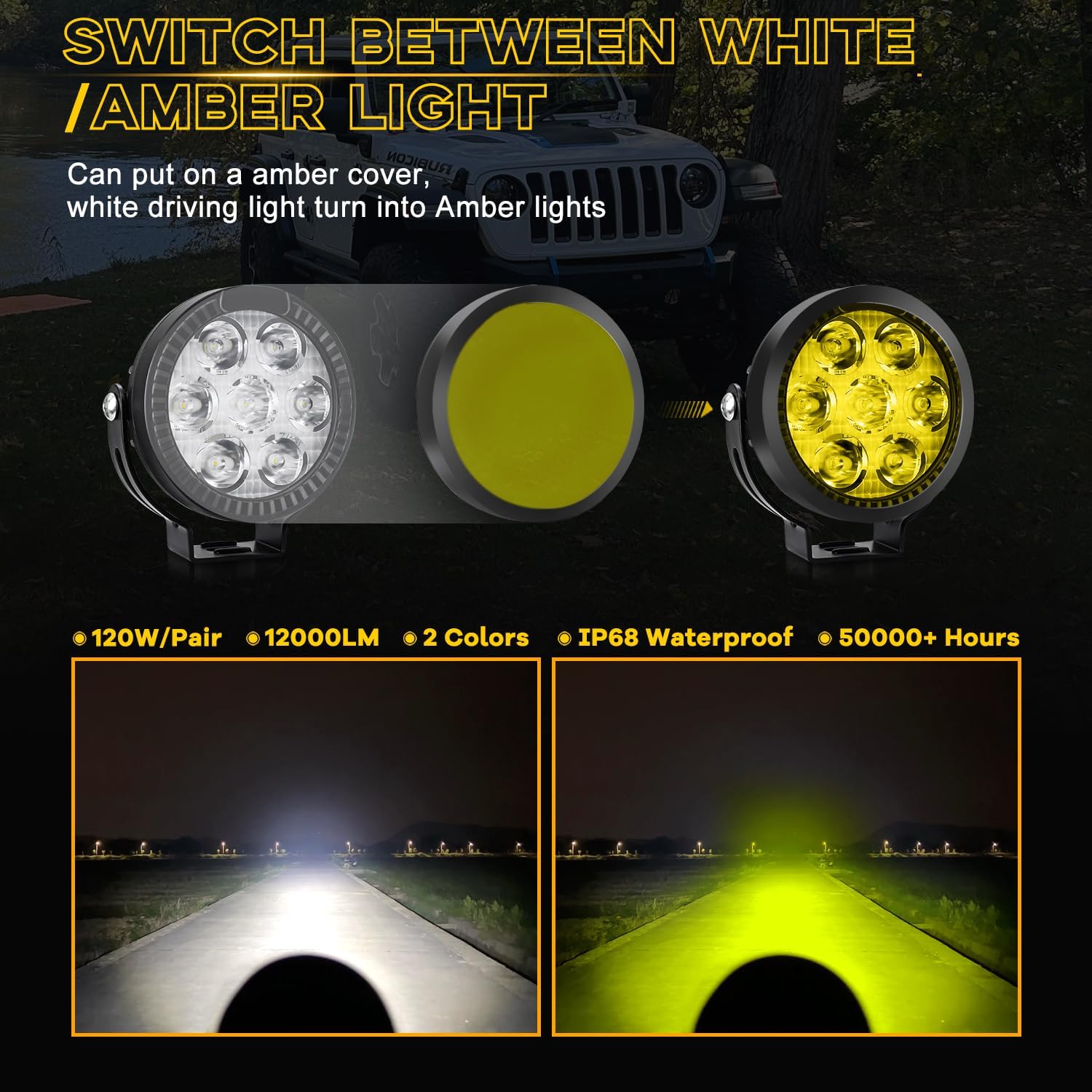 4.5 inch Led Pods Amber Fog Light White Off Road Driving Light Spot Offroad LED Round 120W 12000LM Ditch Light for Jeep ATV Wrangler Ford Truck Pickup, Pair