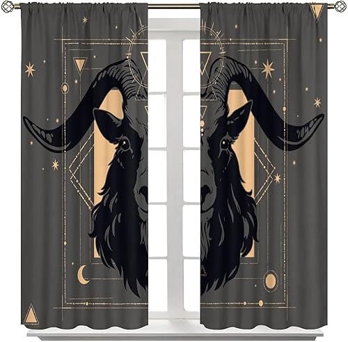 Vista 258 de Cortinas de cabeza de cabra, misteriosa cabeza de cabra malvada, calavera negra, bolsillo para barra, cortinas opacas para ventana, juego de 2