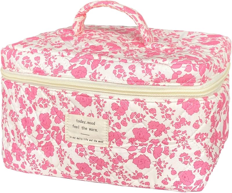 Necessaire de maquiagem WYJ rosa com estampa floral e fechamento por zíper