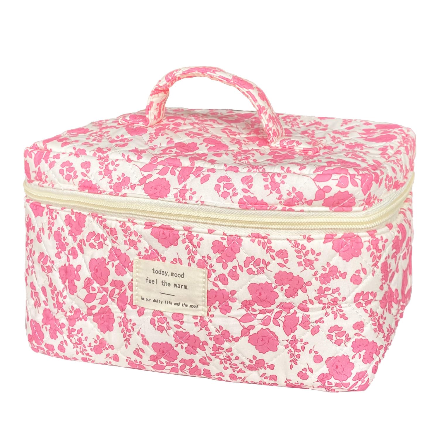 WYJ Pink Large Quilted Floral Makeup Bag Cute Soft Coquette Aesthetic Cosmetic Bag Cotton Travel Toiletry Bag for Women