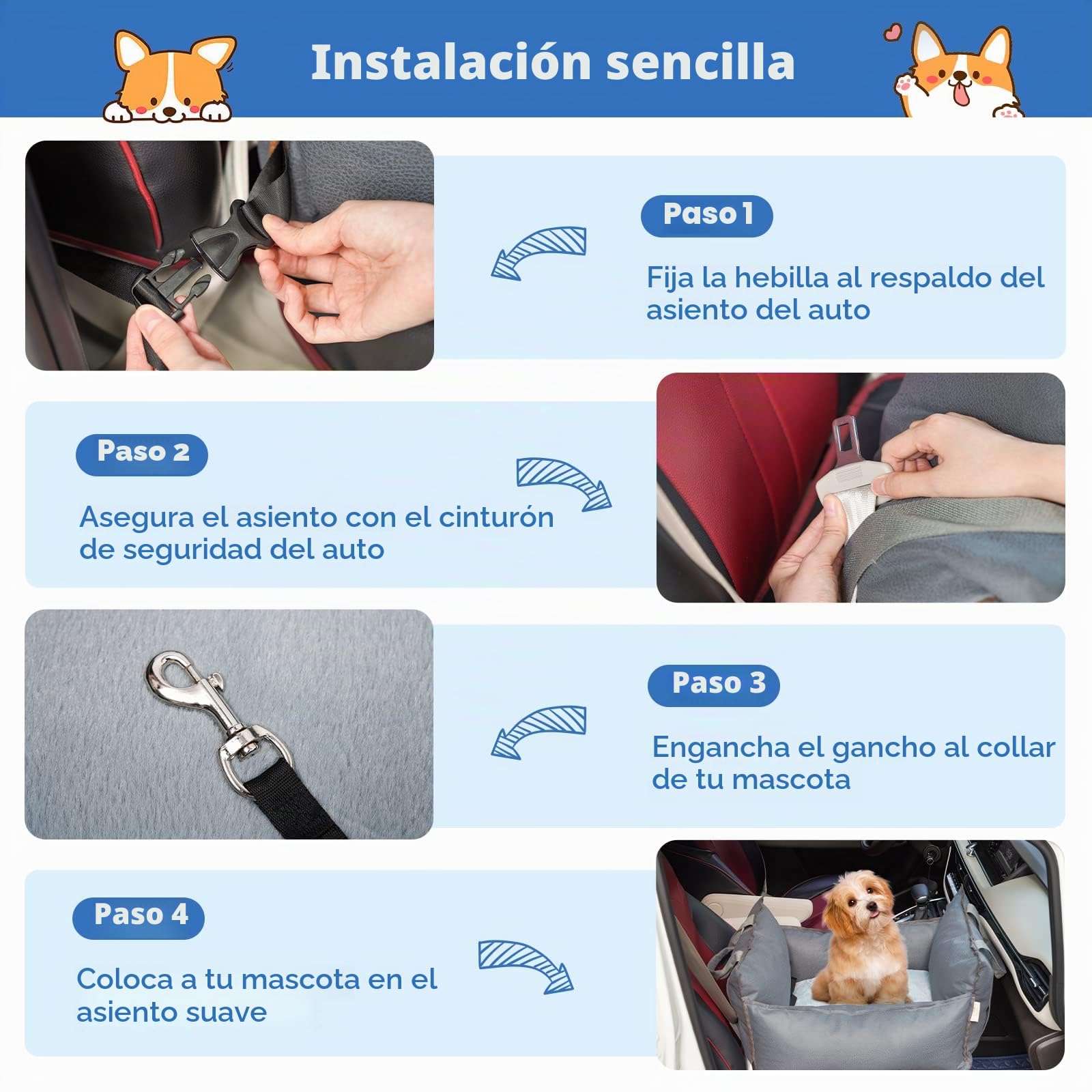 Asiento Elevador de Coche para Perros y Gatos - Cama para Mascotas de Doble Uso de Tela Versátil Cojín Grueso y Cinturón Seguridad (Azul Gris)