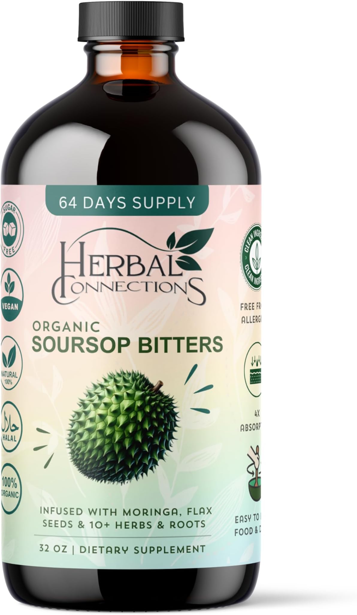 Soursop Bitters Liquid 32 Ounces - 64 Servings - 20 Herb Formula with Soursop, Moringa, Sea Moss, Turmeric, Ginger & Cayenne | Gut Health, Natural Cleanse & Daily Wellness | Vegan & Organic