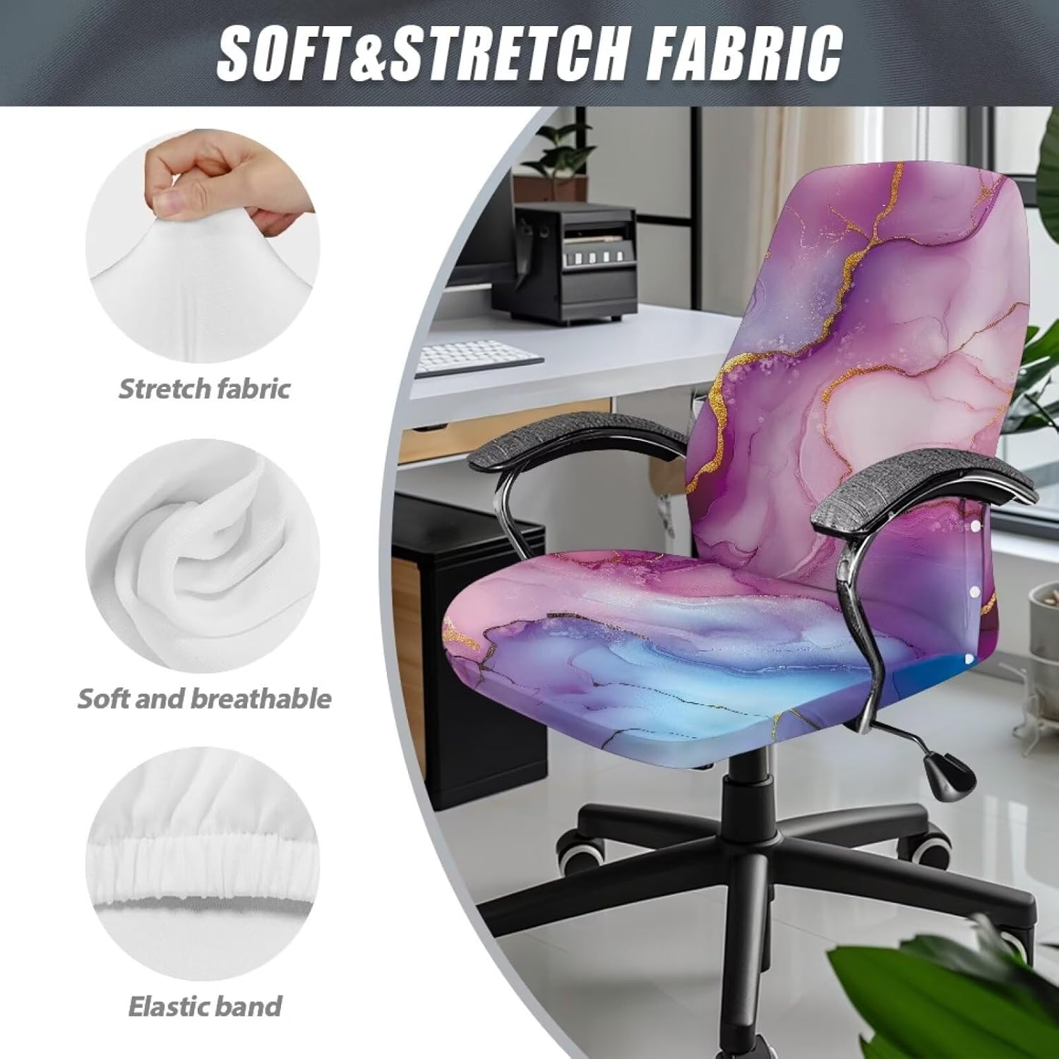 Marble Office Chair Covers Stretchable Computer Desk Chair Covers High Back Universal Executive Boss Chair Covers Home Decor Reduces Dust Removable Gaming Chair Covers,S