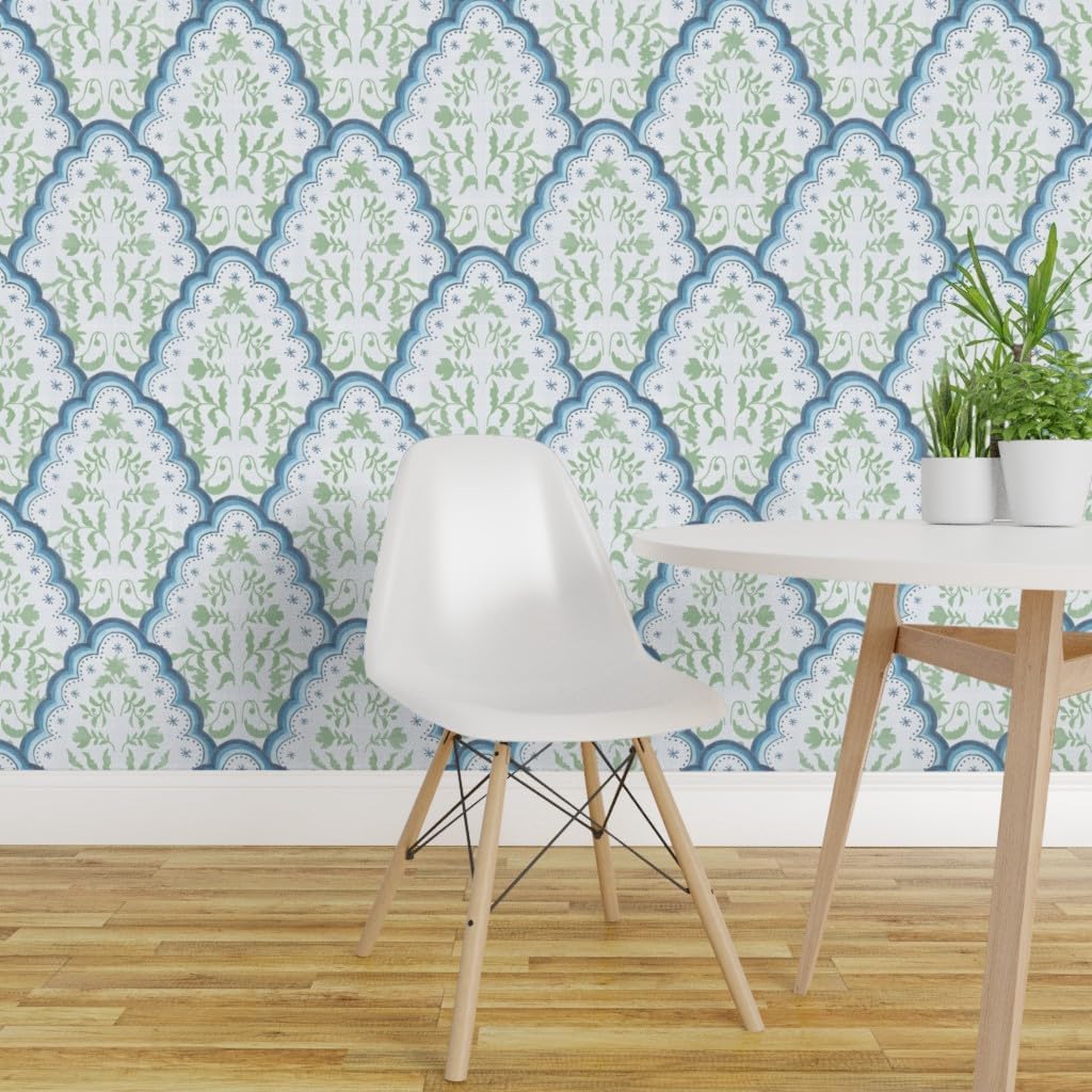 Removable Wallpaper Swatch - Scallop Botanical India Paisley Block Print Blue and Green French Country Custom Pre-Pasted Wallpaper by Spoonflower