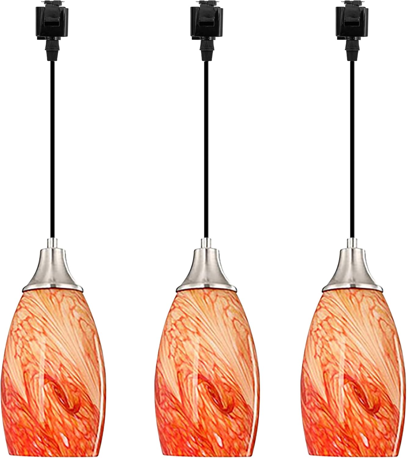 Kiven 3-Light J-Type Track Lighting Pendants,Modern J Track Pendant Lights with Orange Art Glass Lampsade,Decorative Track Lighting Fixture for Kitchen Island Hallway Restaurant