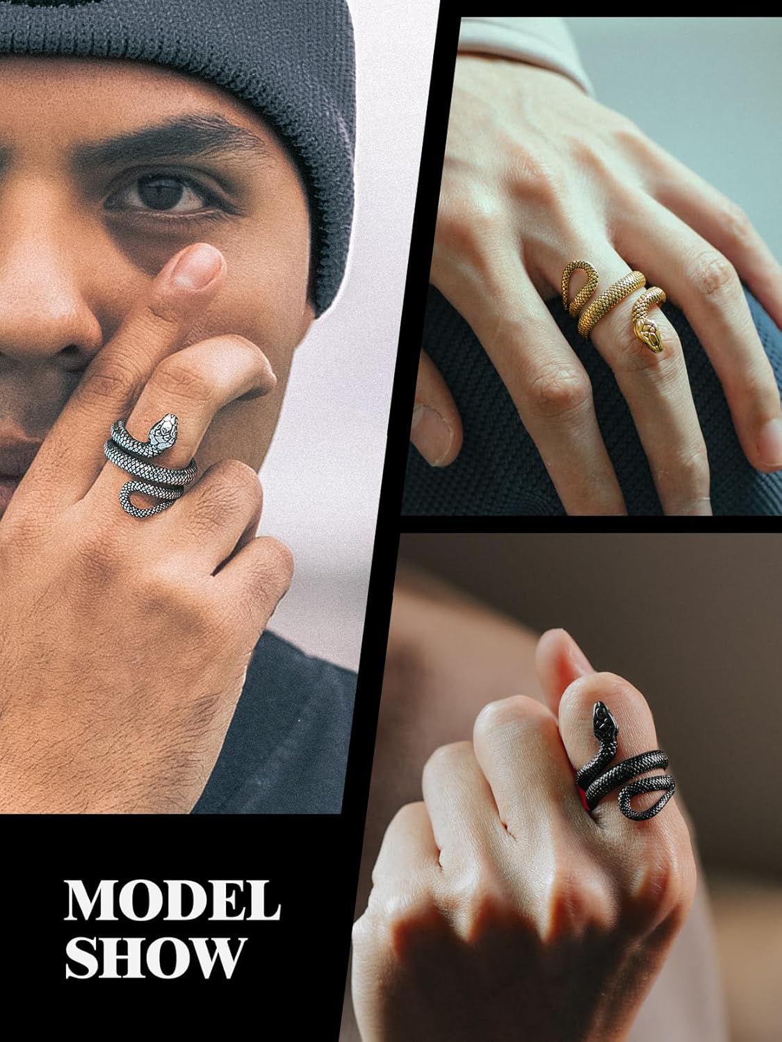 Stainless Steel/18K Gold Plated/Black Snake Ring for Men Women Size 7-12 Serpent Reptile Rings Punk Gothic Jewelry(with Gift Box) - Image 6