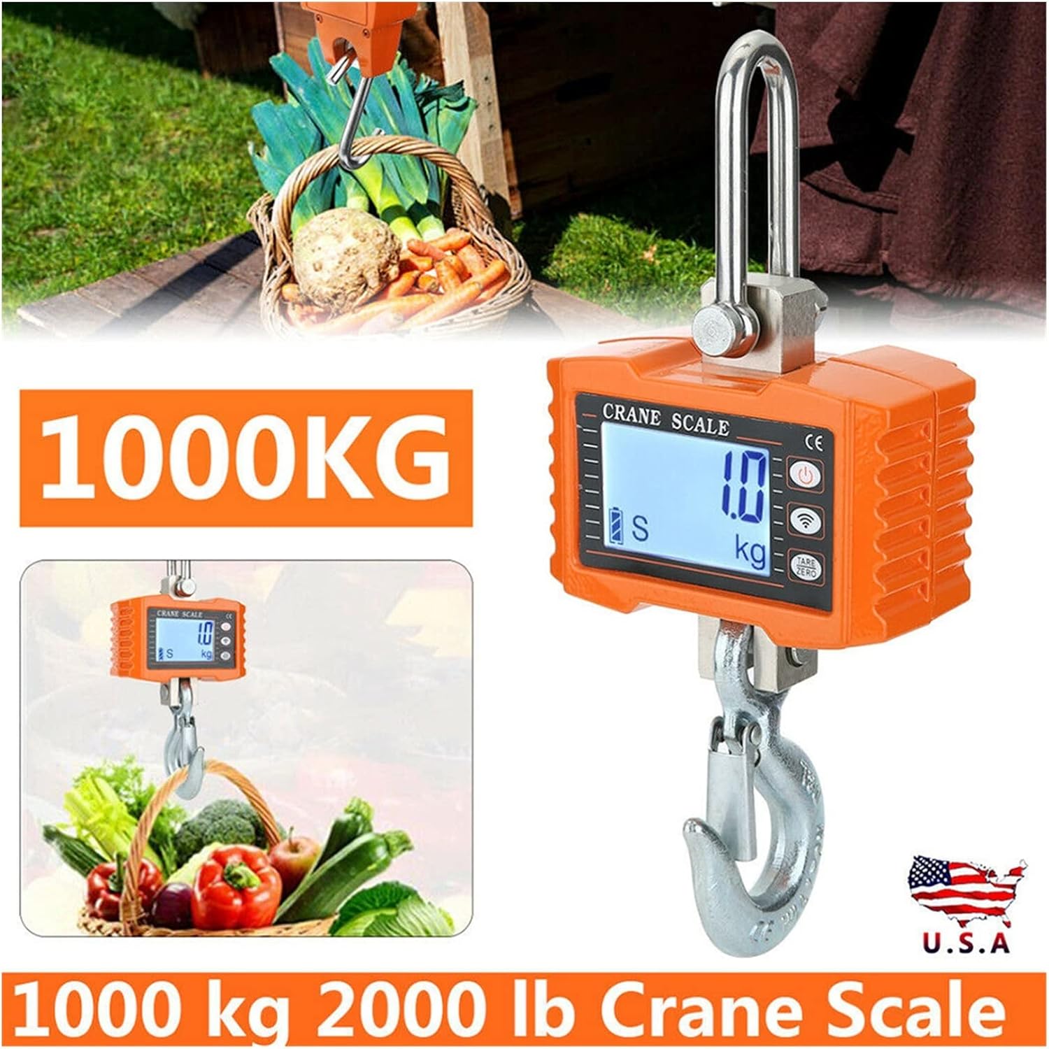 Digital Crane Scale 1000KG/2000LBSportable Crane Scale LCDDigital Industrial Balance Hanging Weight Scale Heavy Duty Weight Tool for Agricultural Market with Precise Sensor