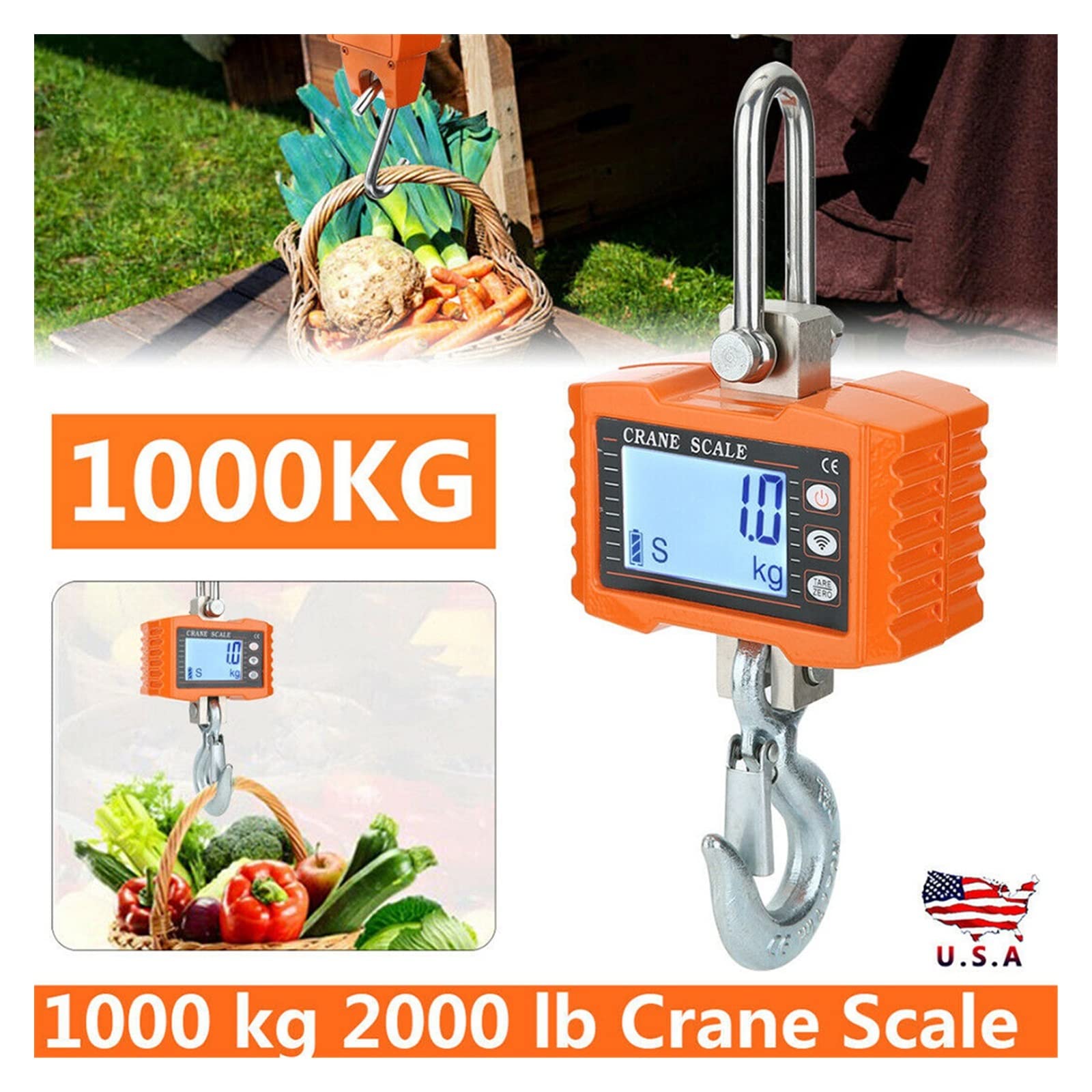 Cyfrowa waga dźwigowa, 1000KG/2000LBS waga dźwigowa przenośna LCD cyfrowa waga przemysłowa wisząca waga waga narzędzie do dużych obciążeń na rynek rolny