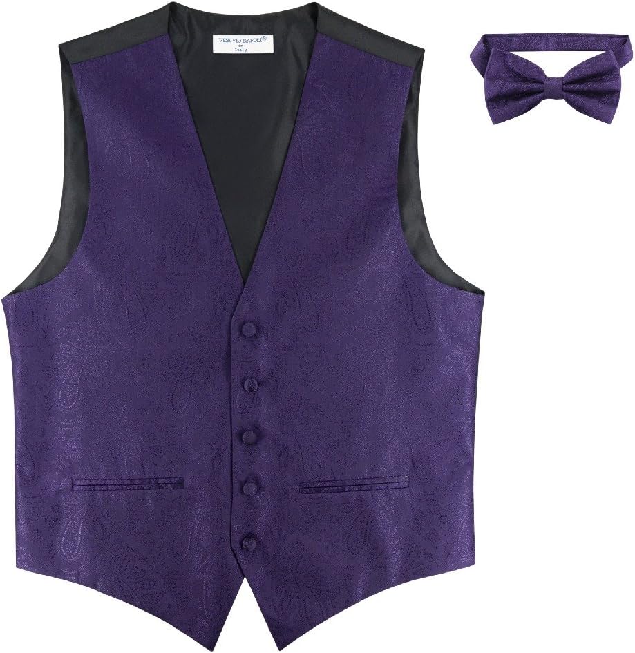 Vesuvio Napoli Men's Paisley SLIM FIT Dress Vest Bow Tie DARK PURPLE BOWTie Handkerchief Set