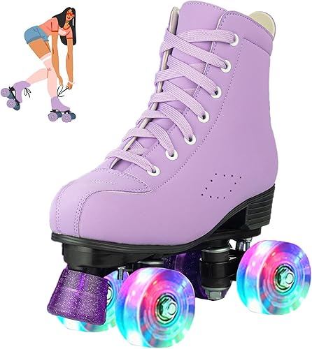 jessie Girls Roller Skates for Women, Microfiber Leather and Flash Wheels Purple Roller Skates Girls Ages 6-12 for Beginner Indoor Outdoor