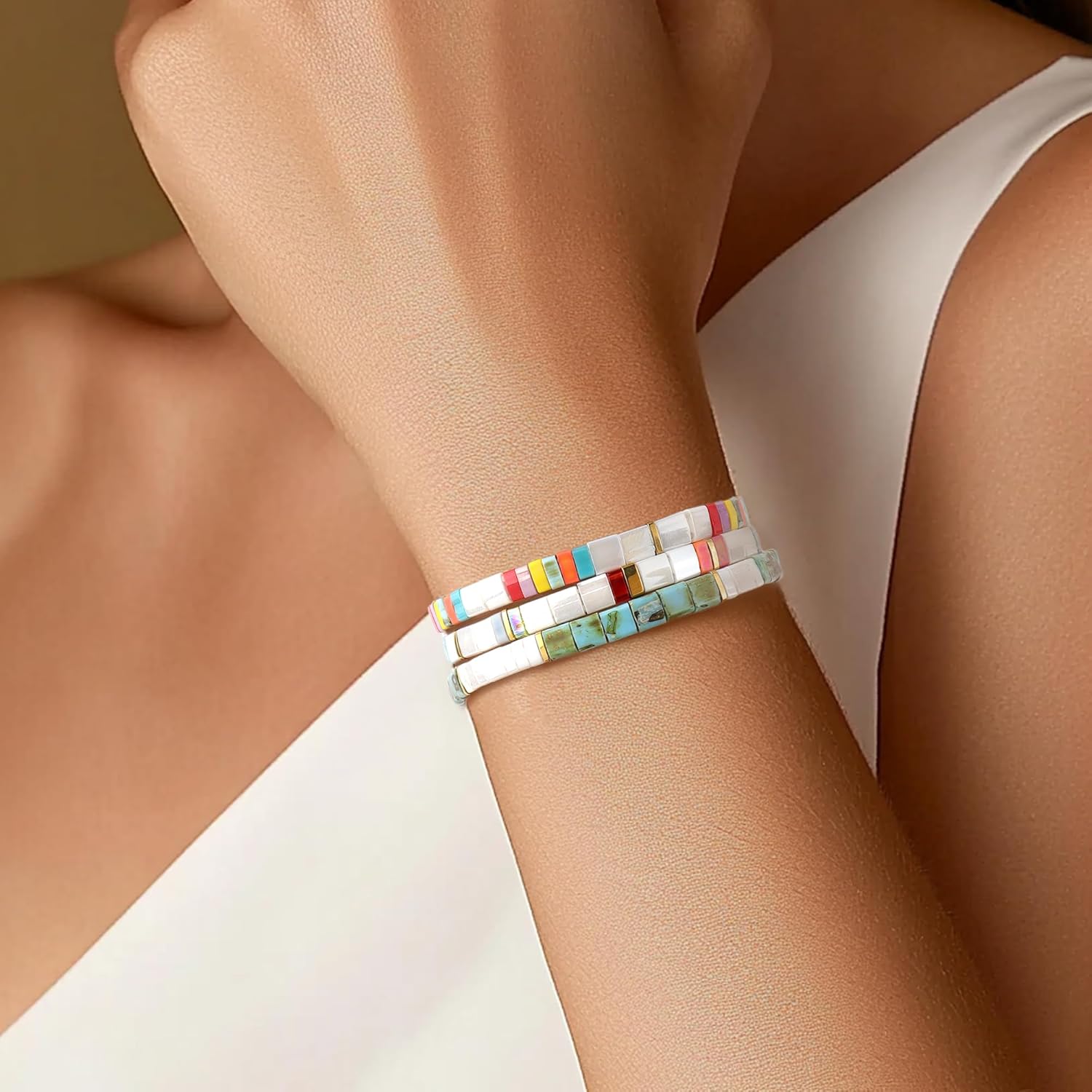 Sonateomber Tila Flat Beaded Stretch Bracelets for Women, Trendy Stackable Colorful Glass Square Beads Stack Bracelet Beach Jewelry Gift - Image 2