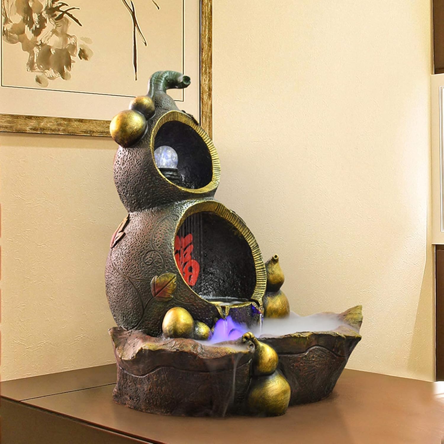 Water Feature Tabletop Water Fountain,Indoor Relaxation Waterfall Water Fountain,Fountain Ornamental for Office Home Bedroom-Gourd 24inch